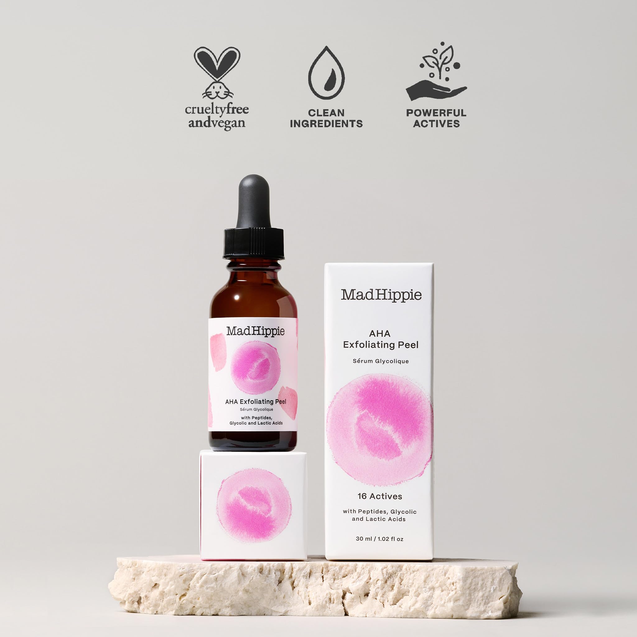 Mad Hippie AHA Exfoliating Peel application shot illustrates step-by-step use for evening skincare routine.