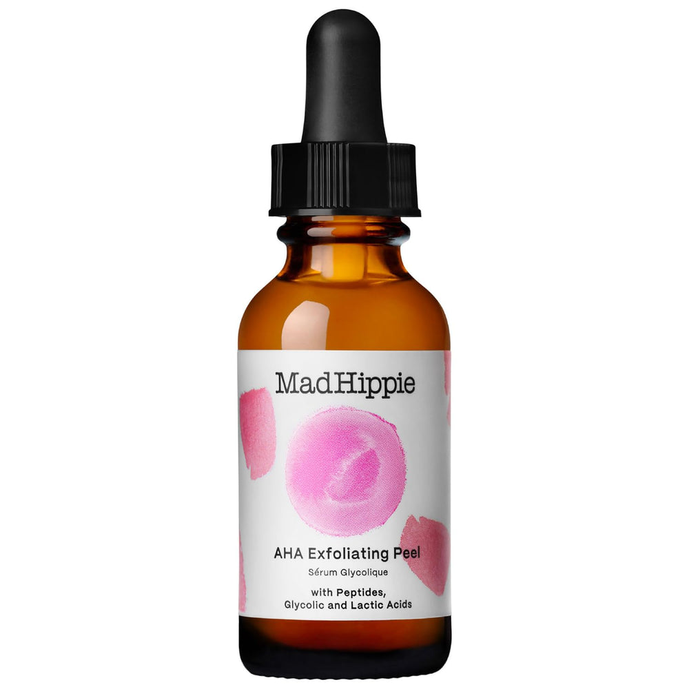 Mad Hippie AHA Exfoliating Peel bottle demonstrates dual-action exfoliation for smoother, brighter skin.