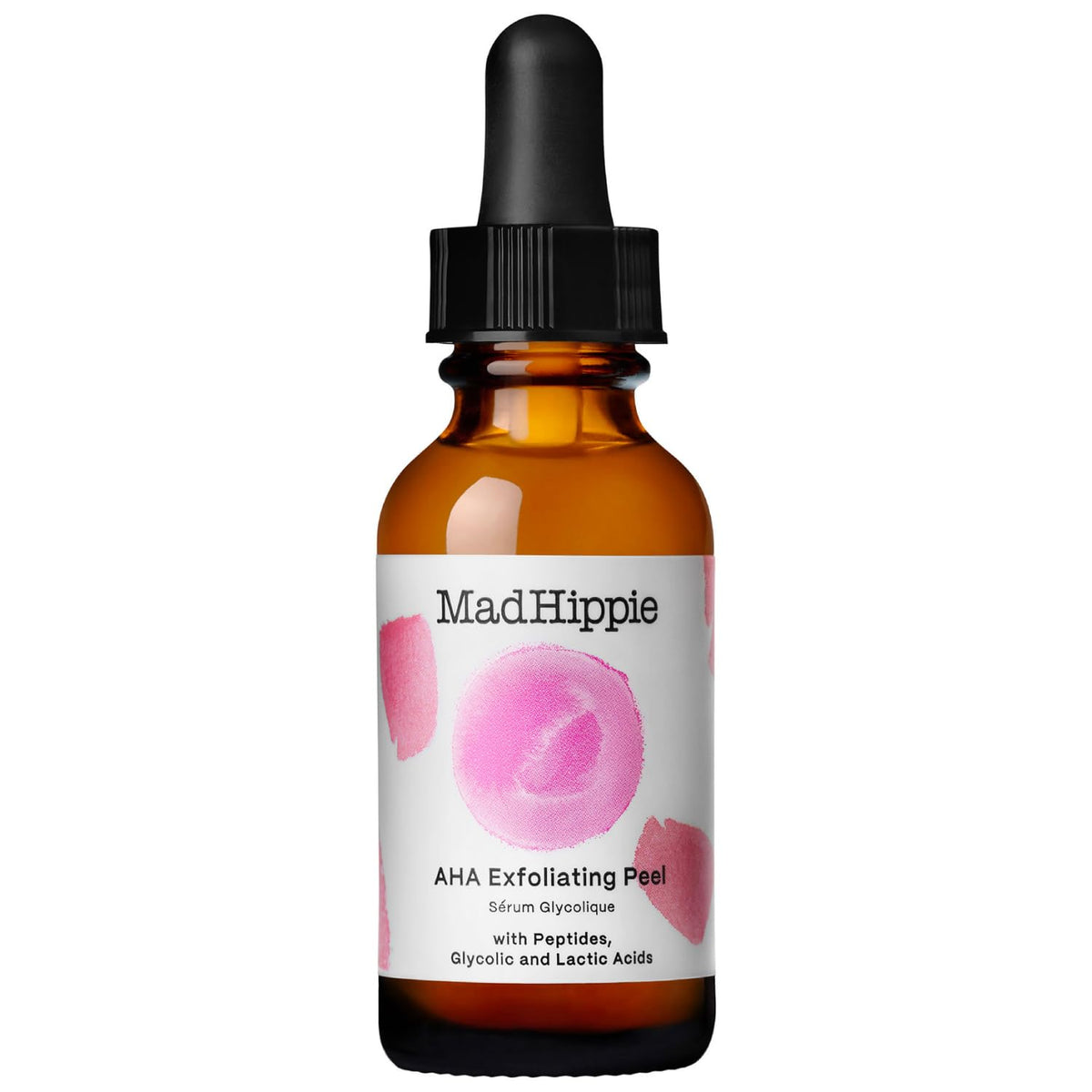 Mad Hippie AHA Exfoliating Peel bottle demonstrates dual-action exfoliation for smoother, brighter skin.