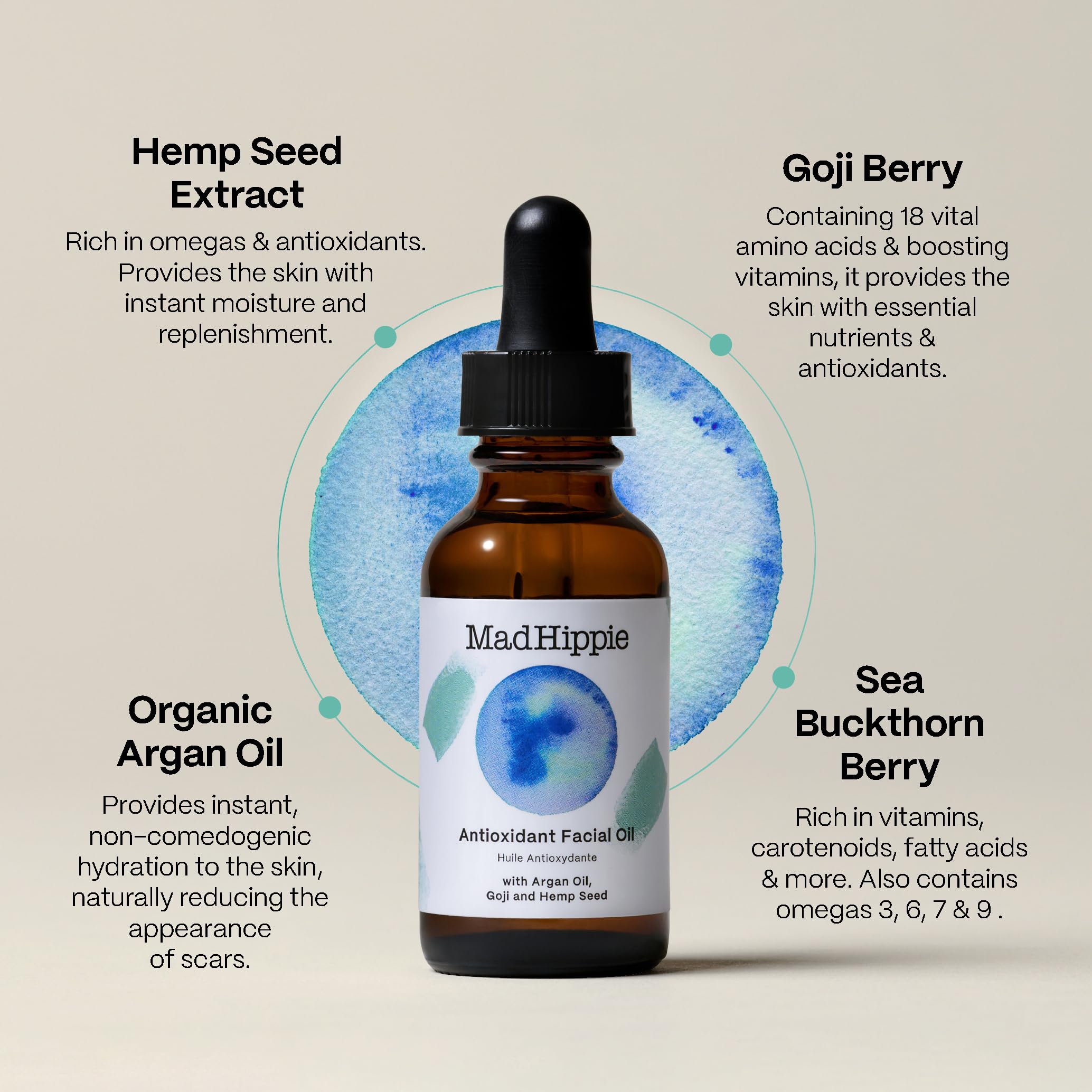 Close-up texture of the oil showing silky non-greasy finish from natural botanicals.