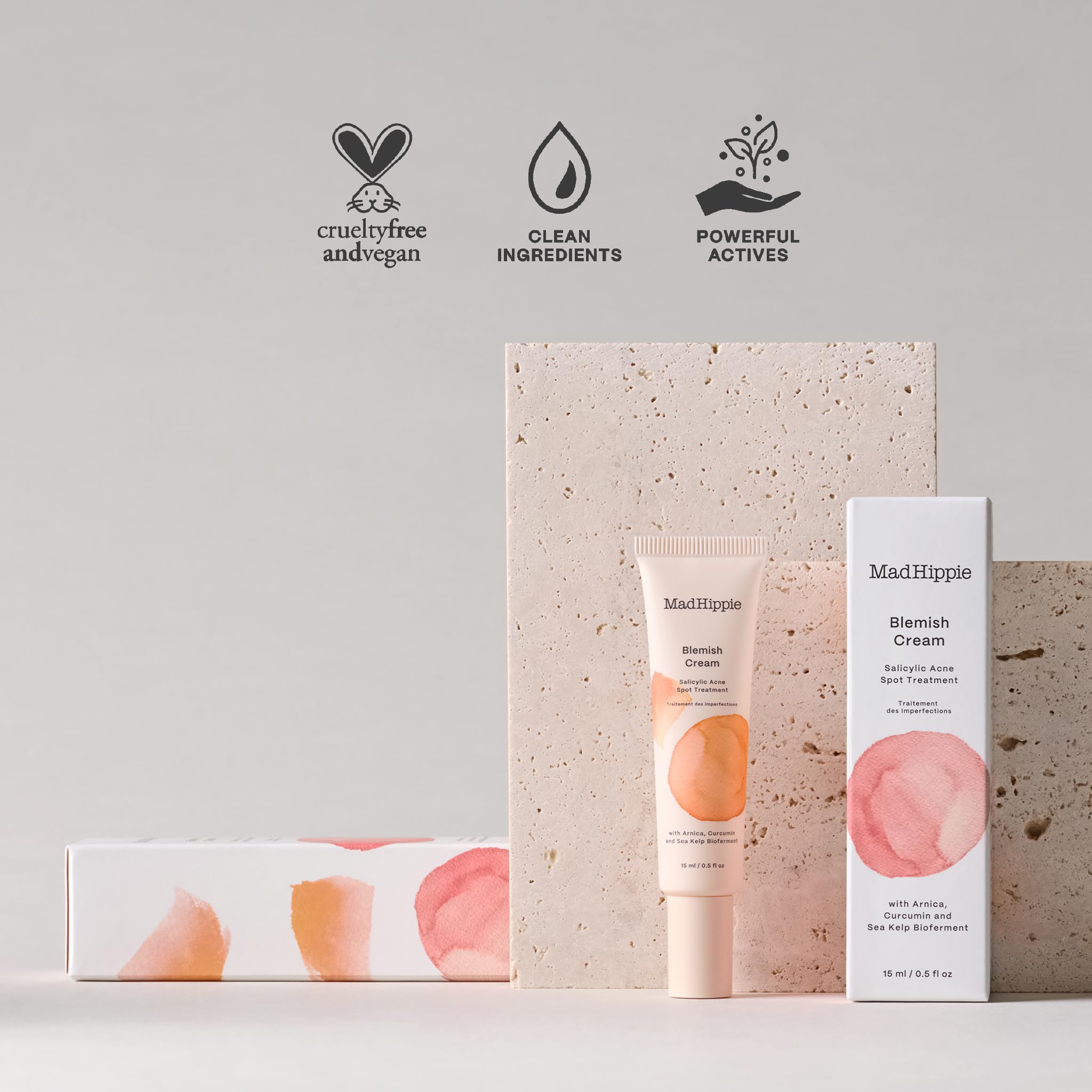Mad Hippie blemish-cream packaging emphasizing clean, cruelty-free, non-GMO formulation.