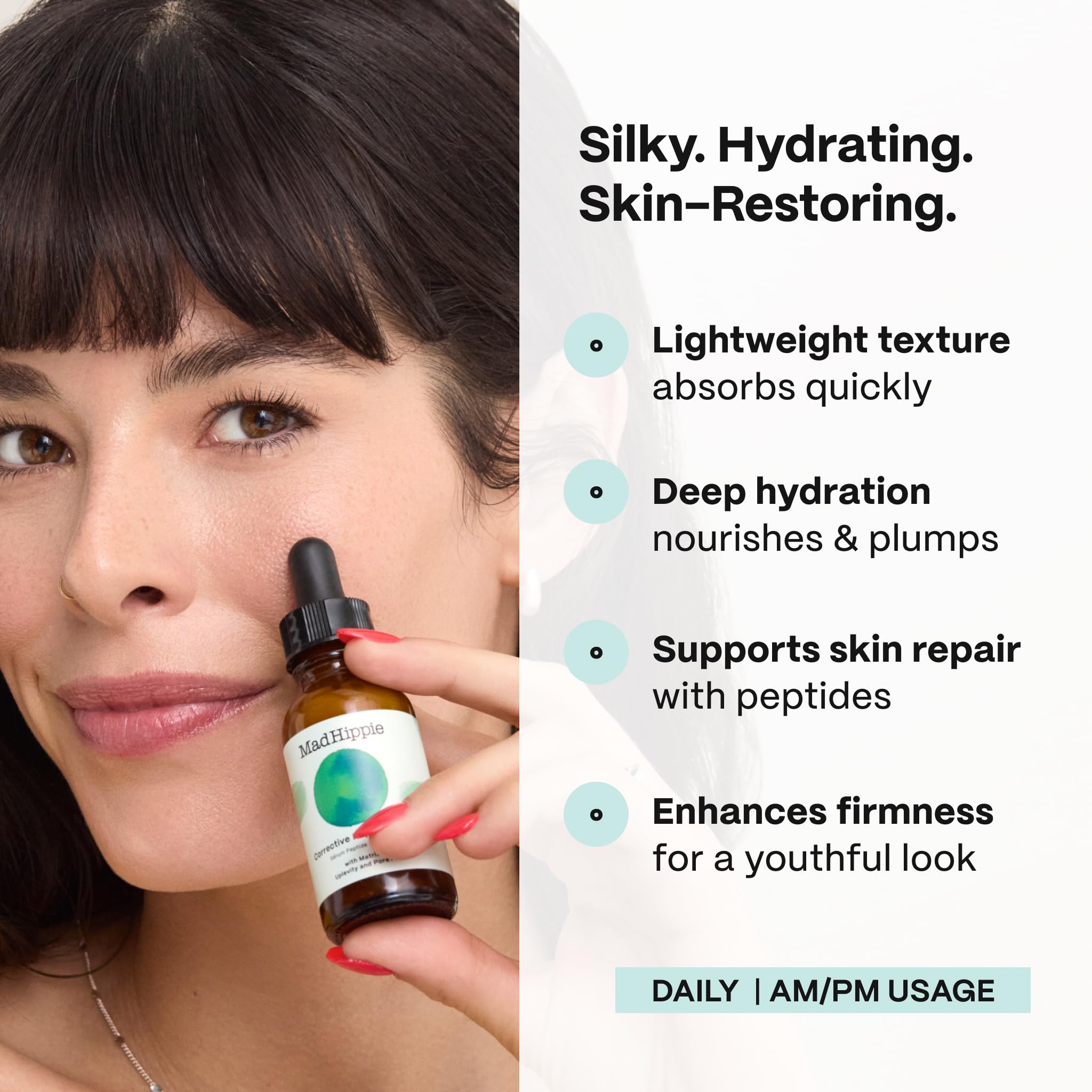 Mad Hippie Corrective Peptide Serum application on hand demonstrates quick absorption.