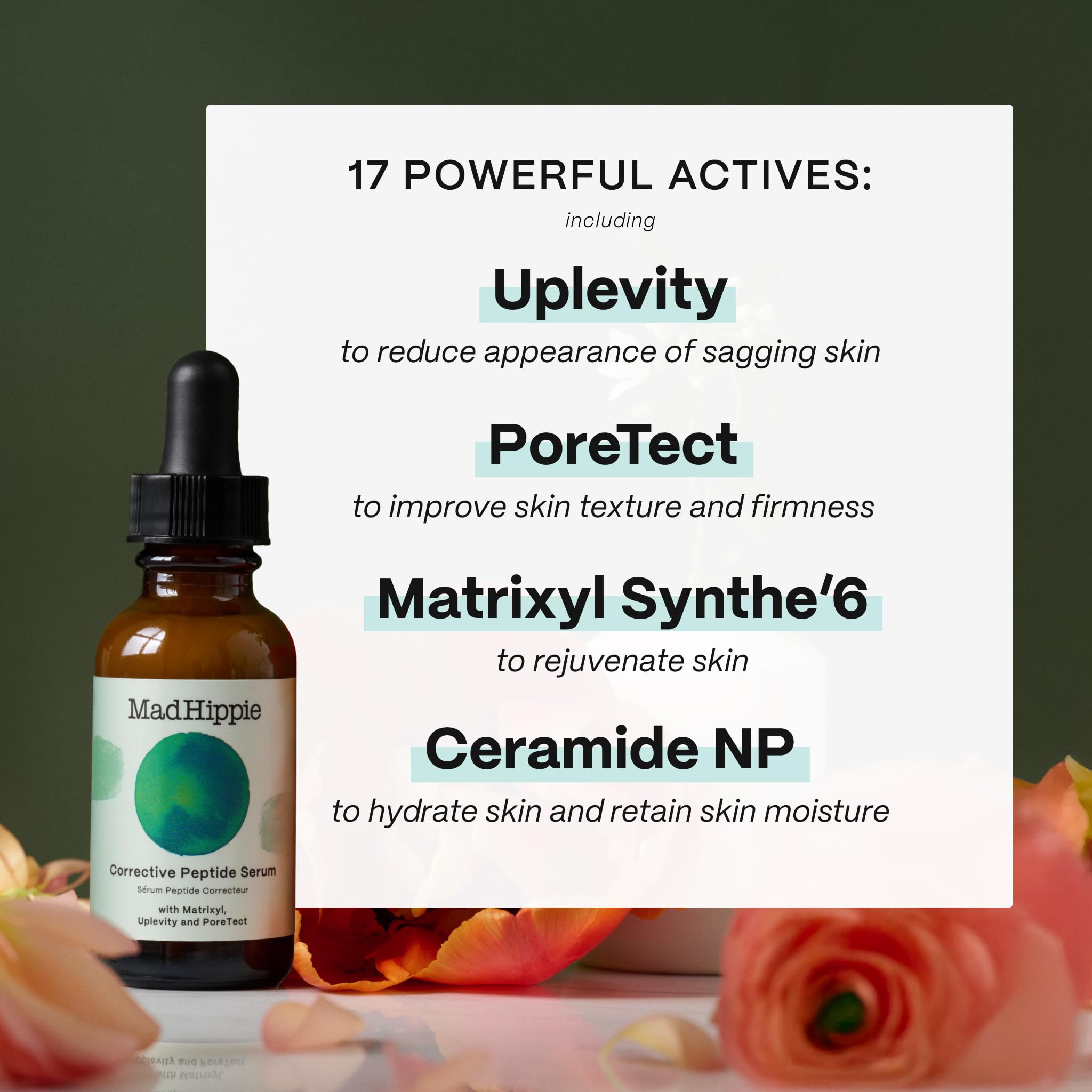 Mad Hippie Corrective Peptide Serum ingredients ceramide-np shown as skin barrier support.