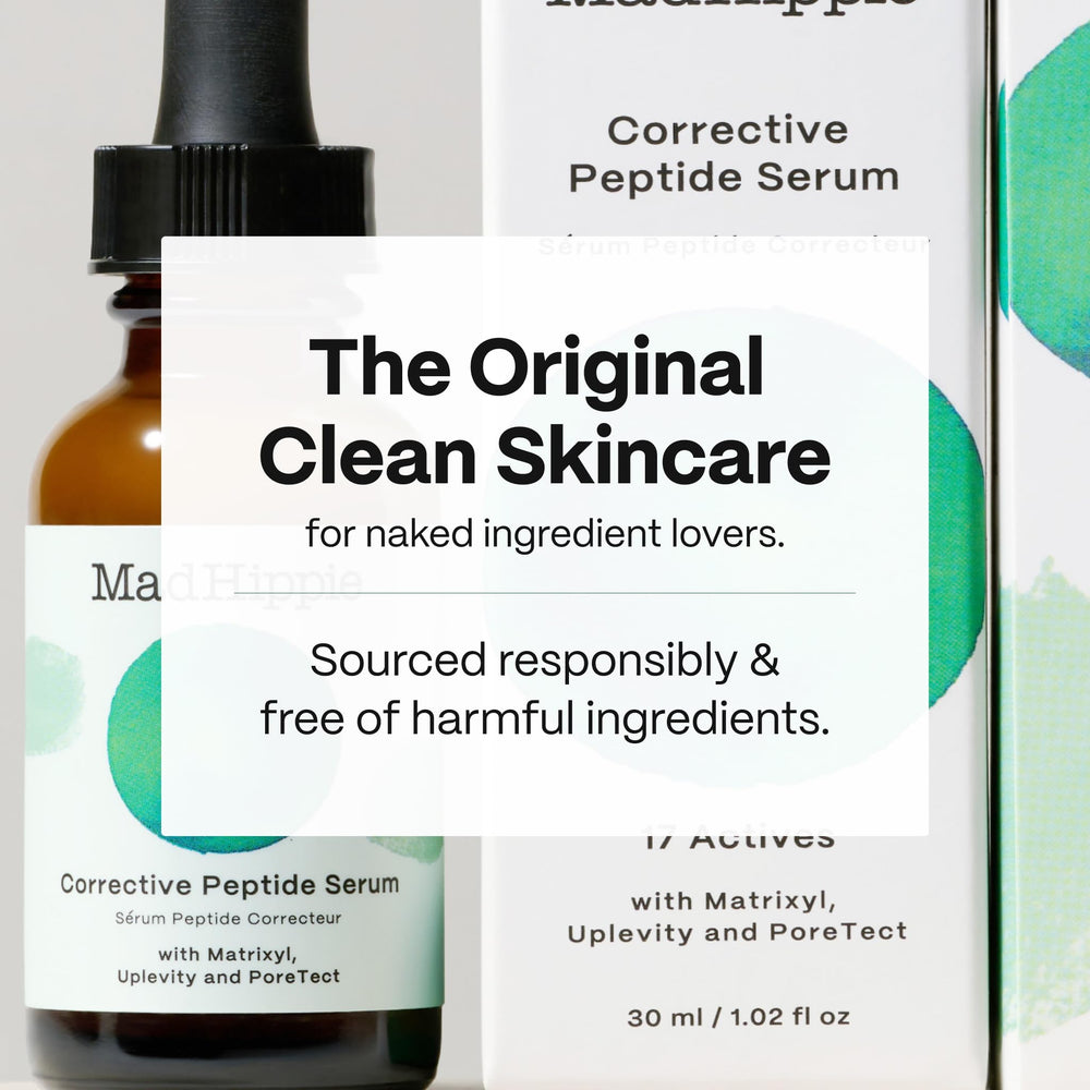 Mad Hippie Corrective Peptide Serum packaging label close-up emphasizes vegan, fragrance-free values.