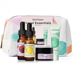 Mad Hippie travel essentials bag packaging highlights sustainable, on-the-go skincare storage.