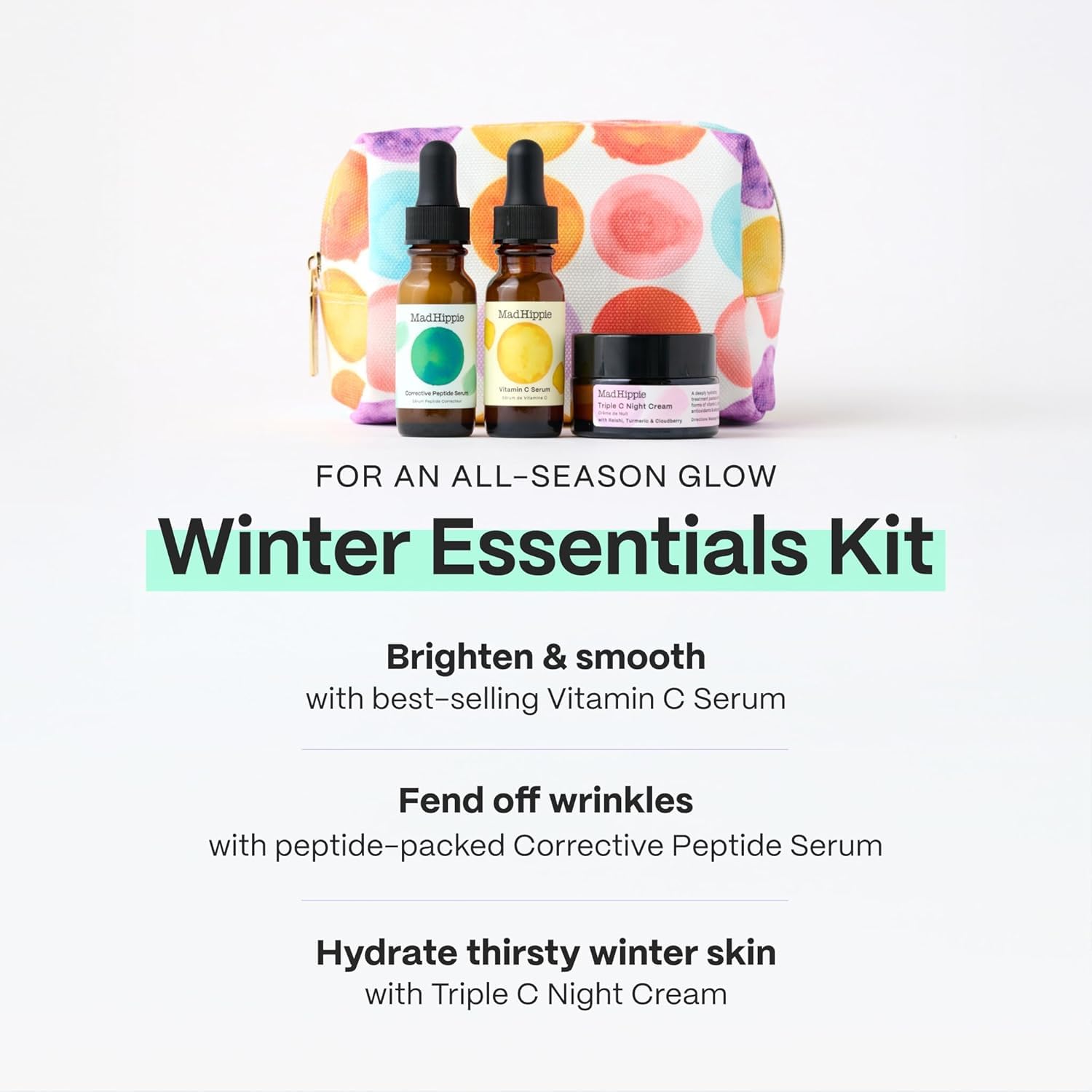 Mad Hippie Vitamin C Serum application showing brightening skin ritual with konjac root and hyaluronic acid.