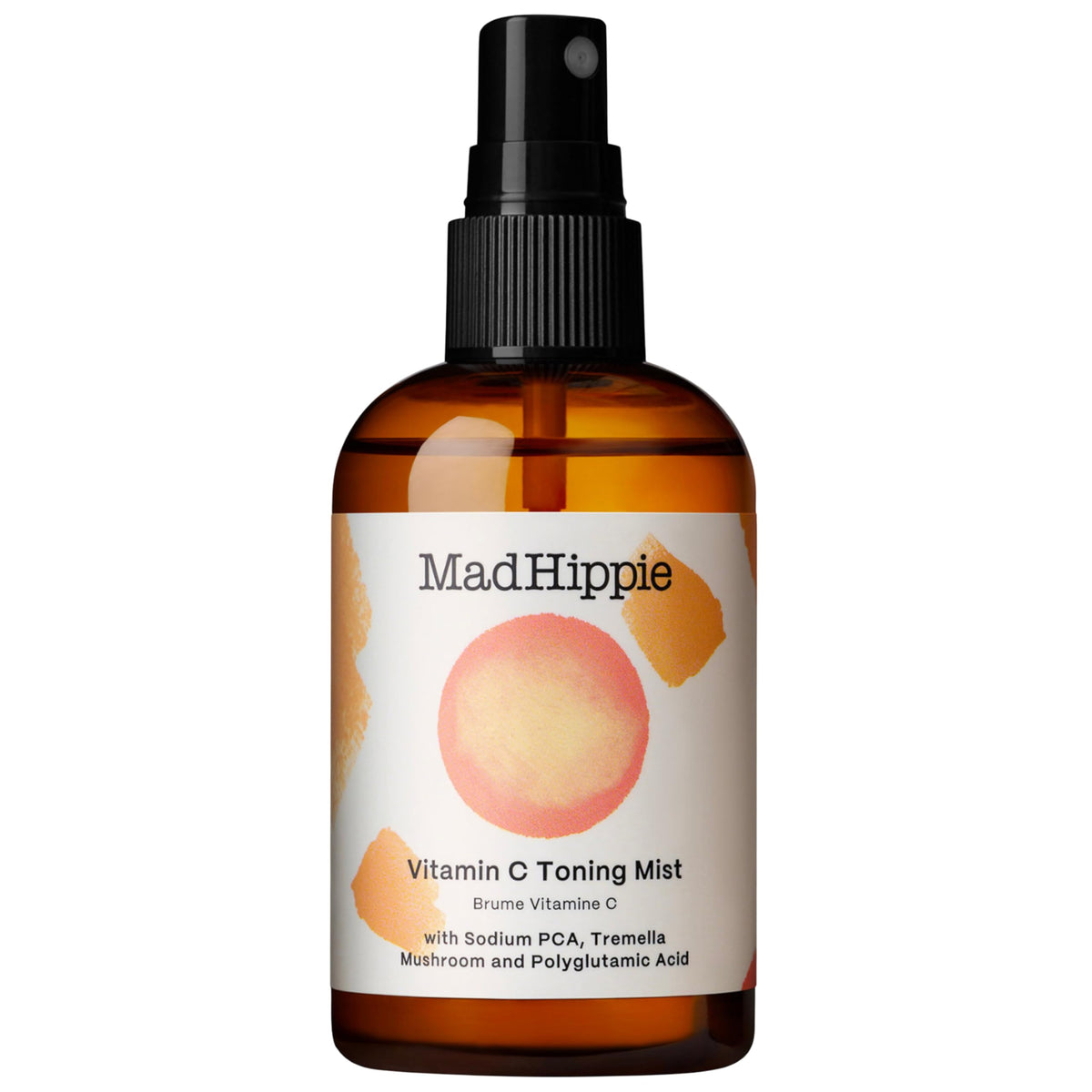Mad Hippie Vitamin C Toning Mist bottle closeup highlighting brightening, hydrating skincare for daily use.
