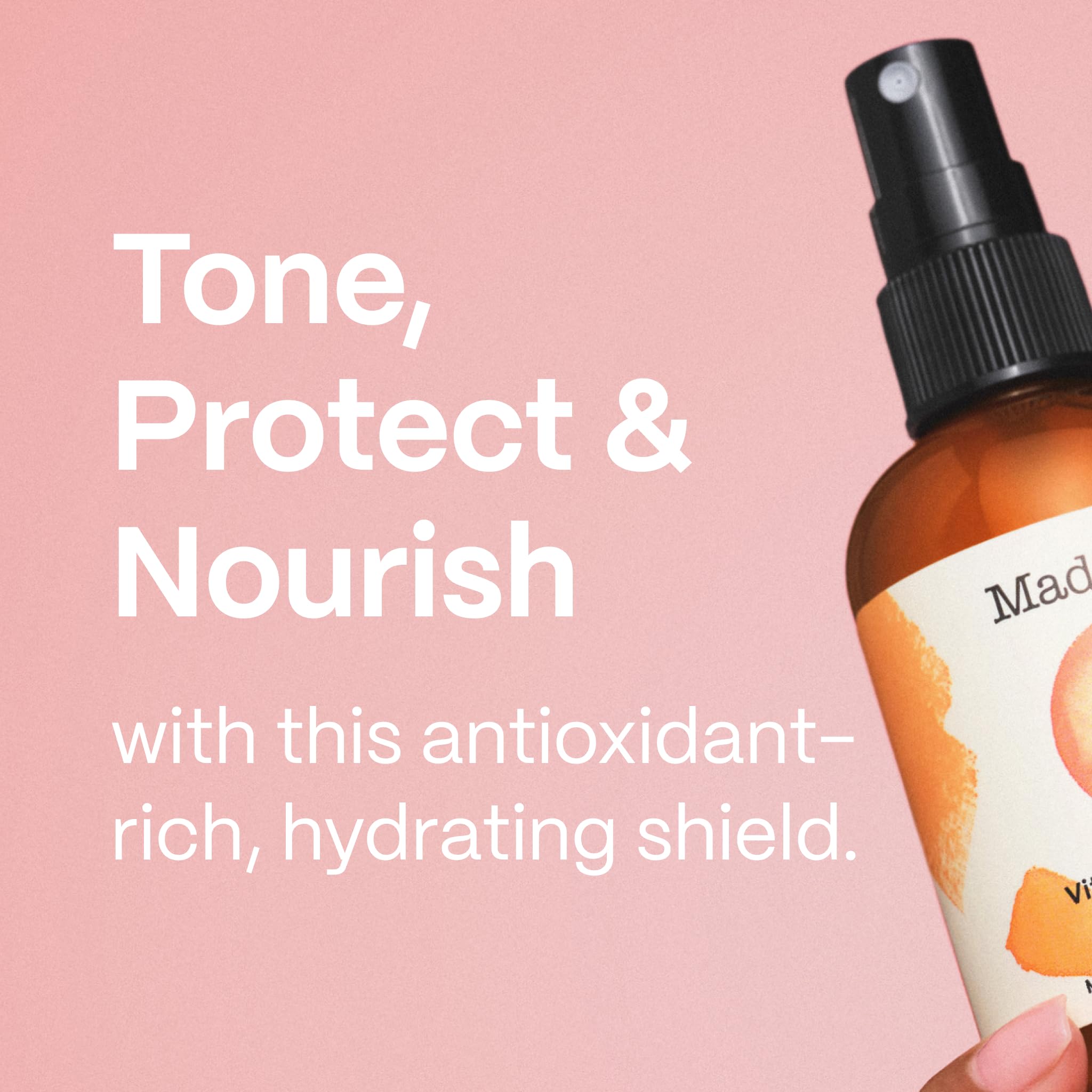 Mad Hippie Vitamin C Toning Mist spray application demonstrates refreshing facial hydration mid-day.
