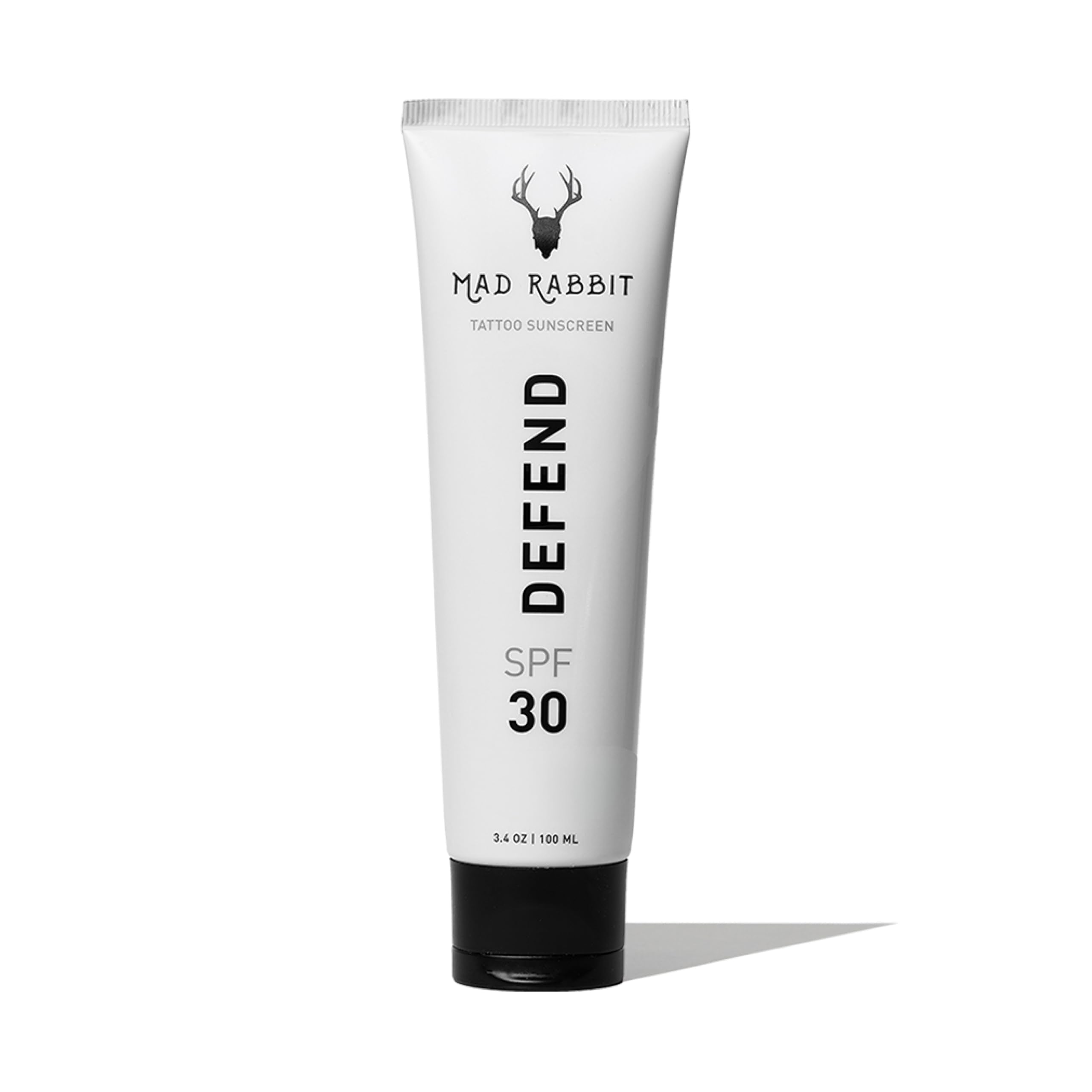Mad Rabbit Defend SPF 30 sunscreen tube front for daily skin and tattoo protection.
