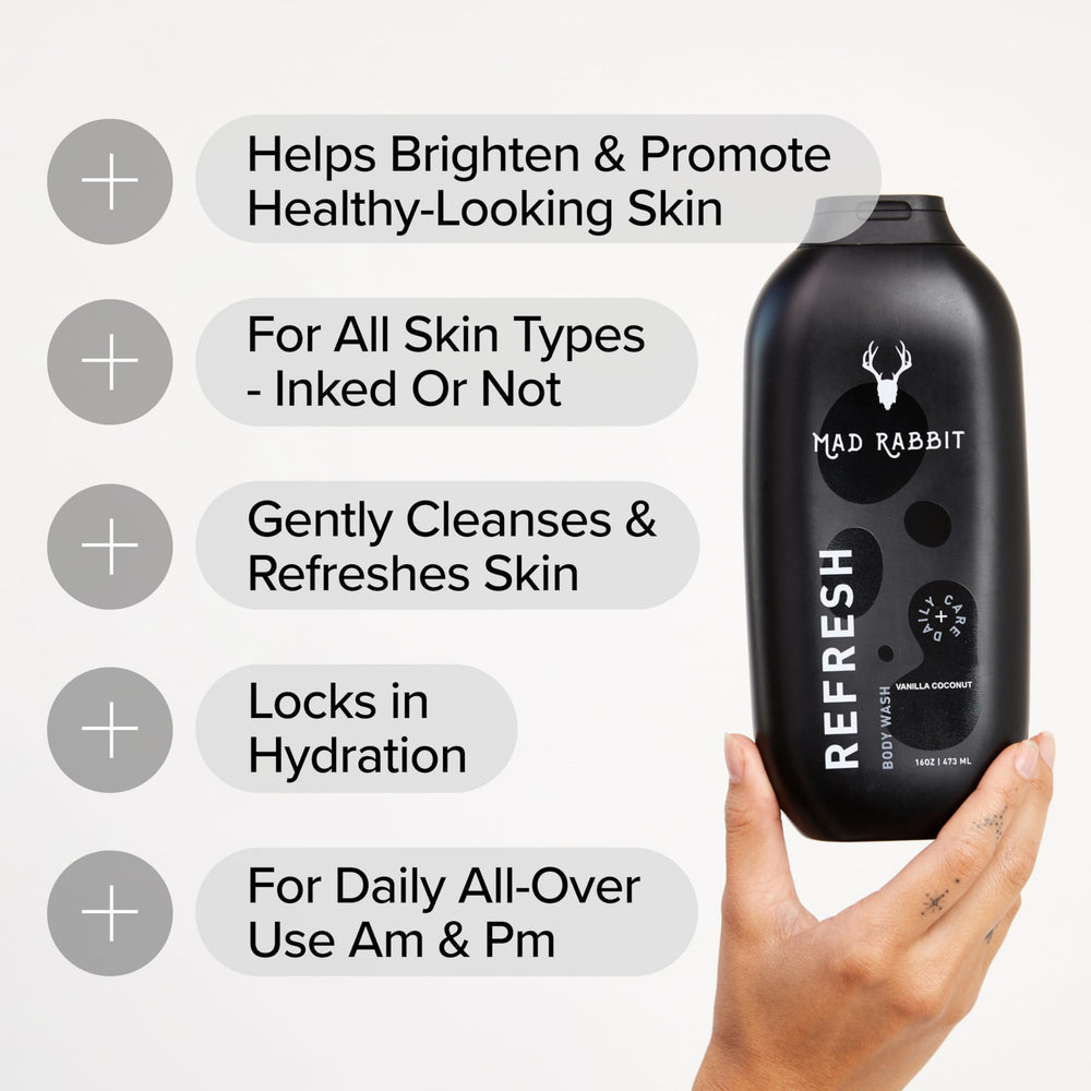 Coconut-vanilla scented Mad Rabbit Refresh Body Wash enhances shower ritual.