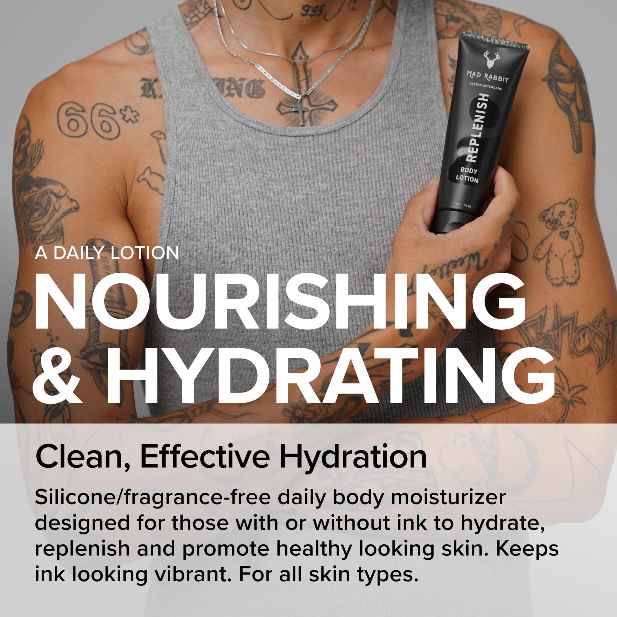 Mad Rabbit Replenish application hands demonstrates easy daily rubbing for morning routine.