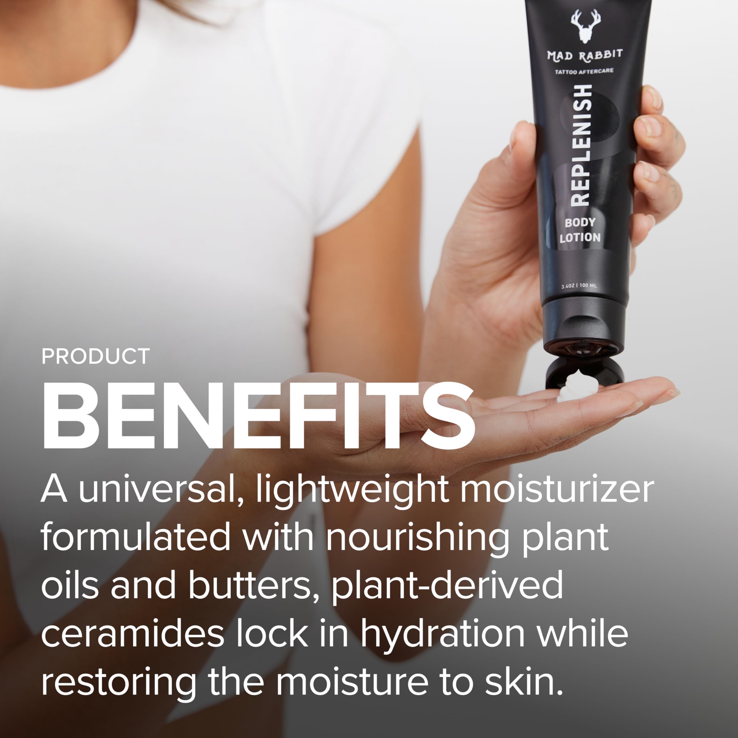 Mad Rabbit Replenish bottle back highlights silicone-free formula ideal for sensitive skin.
