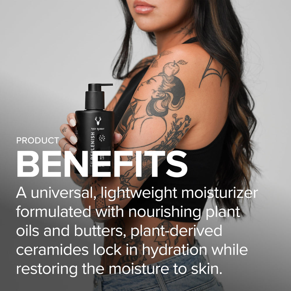 Mad Rabbit Replenish bottle dispense demonstrates non-greasy, fast-absorbing lotion.