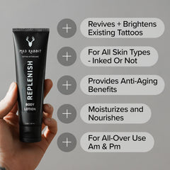 Mad Rabbit Replenish ingredients lab shot spotlights glycerin and shea butter nourishment.