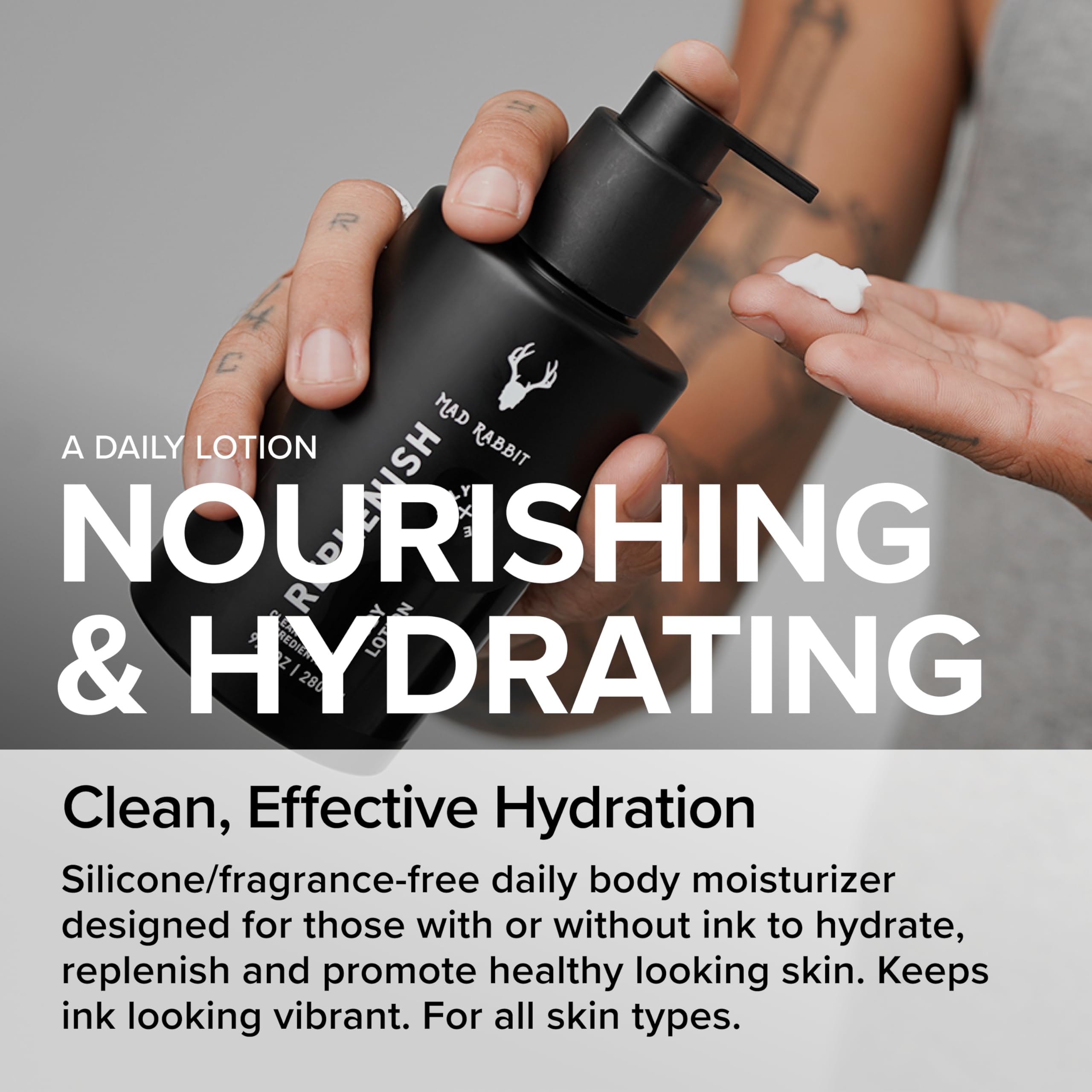 Mad Rabbit Replenish tattoo-care-ritual promotes soothing hydration for post-tattoo care.