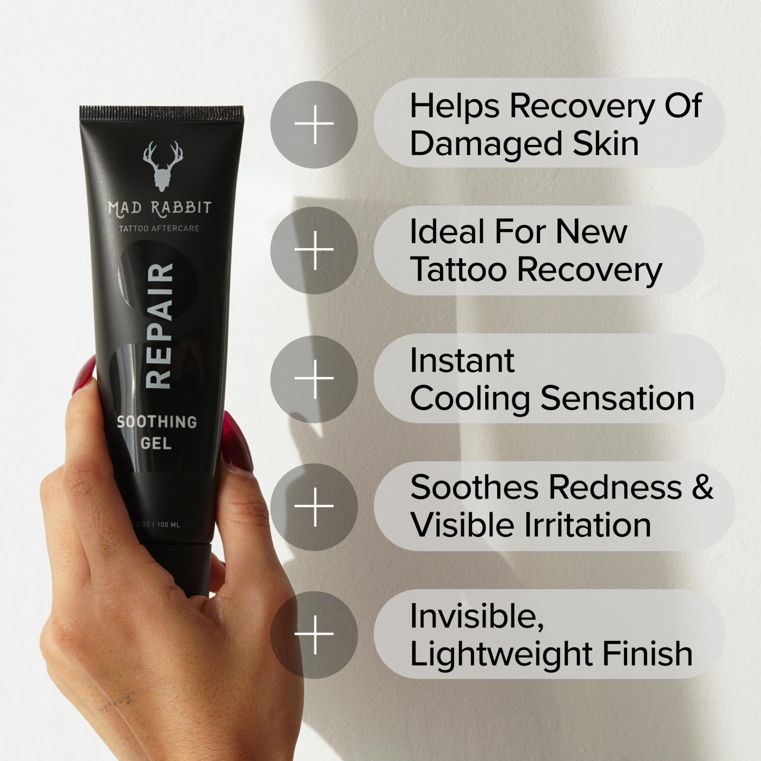 Mad Rabbit tattoo-aftercare soothing gel application shows smooth, comfortable use