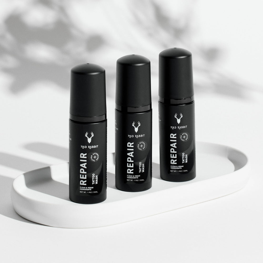 Mad Rabbit tattoo aftercare product with informative label details.