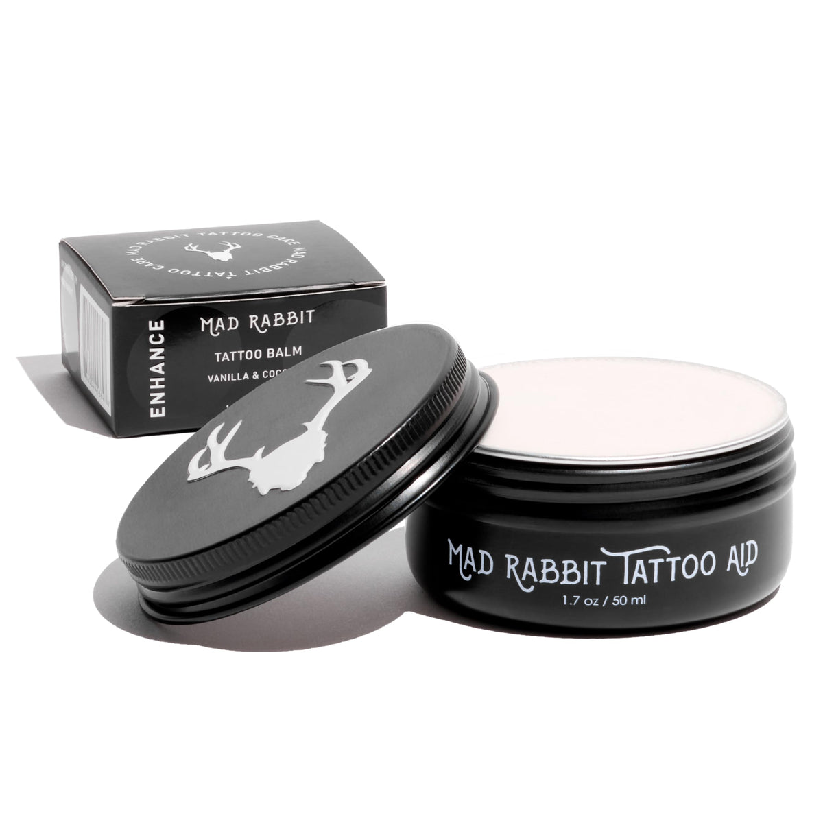 Mad Rabbit tattoo balm tub closeup showing moisturizing formula