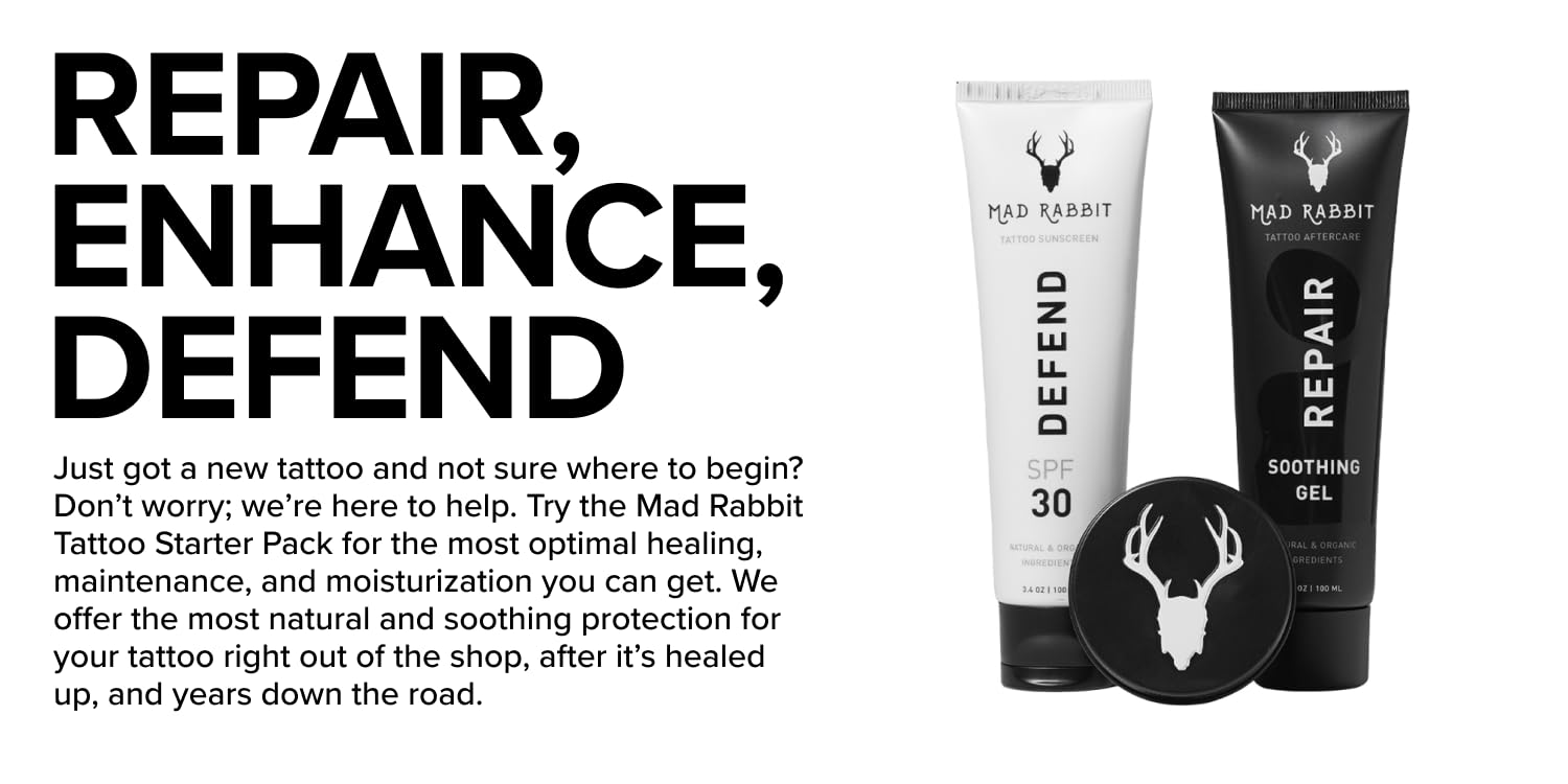 Mad Rabbit UV protection image demonstrates sunscreen application guarding ink during outdoor activities.