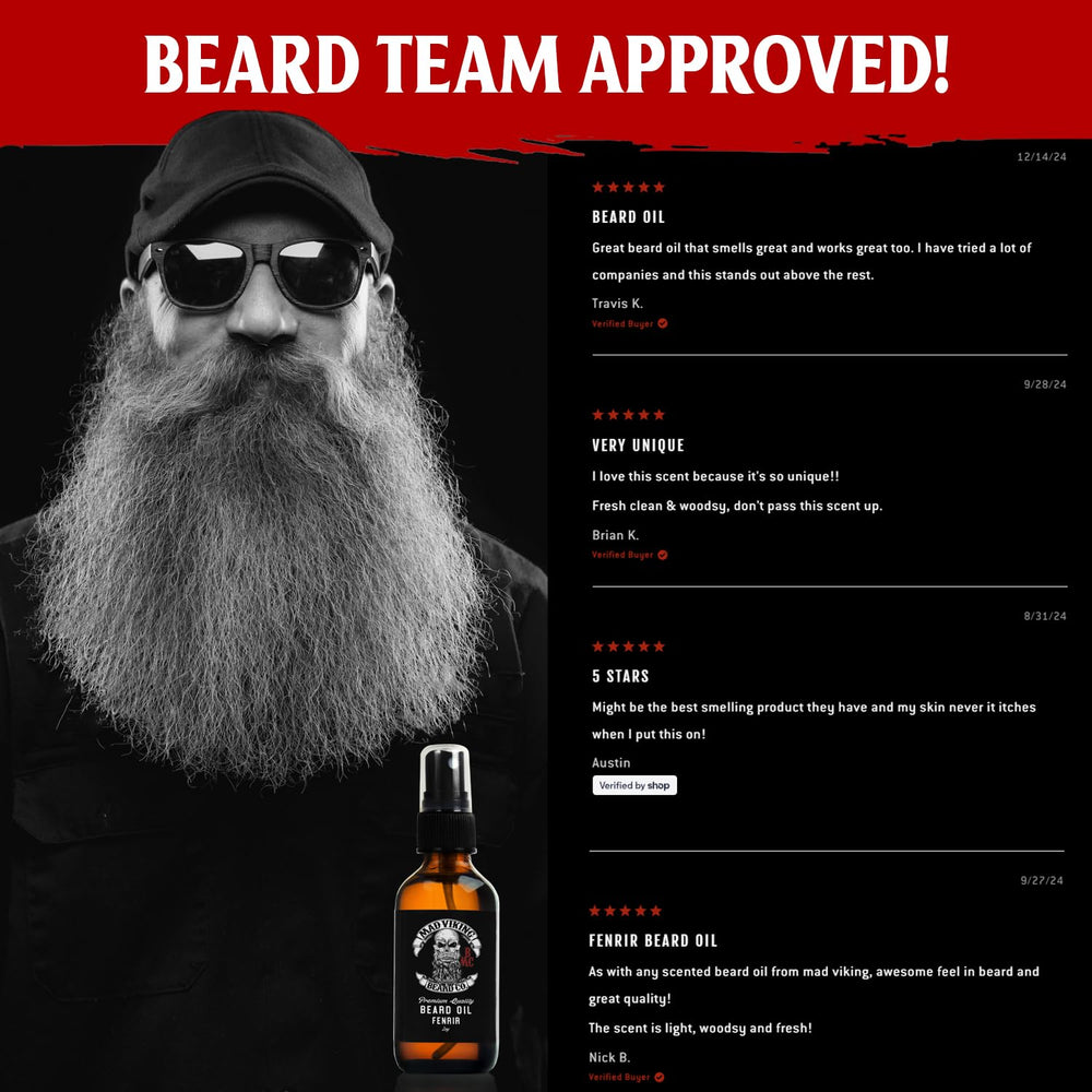 Mad Viking Fenrir Beard Oil application scene for smoother, itch-free grooming