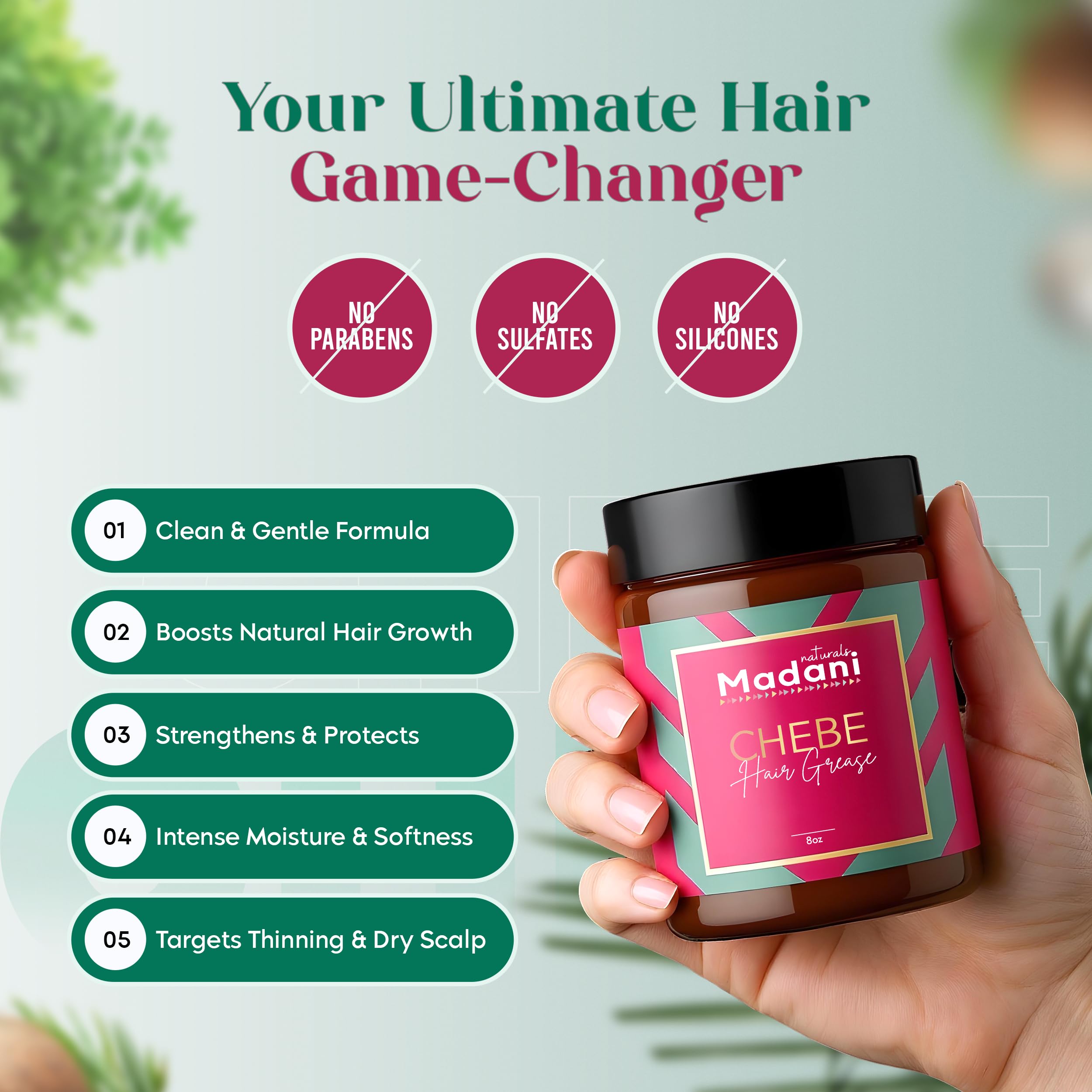 Madani Naturals all hair types care image suggests versatile use.