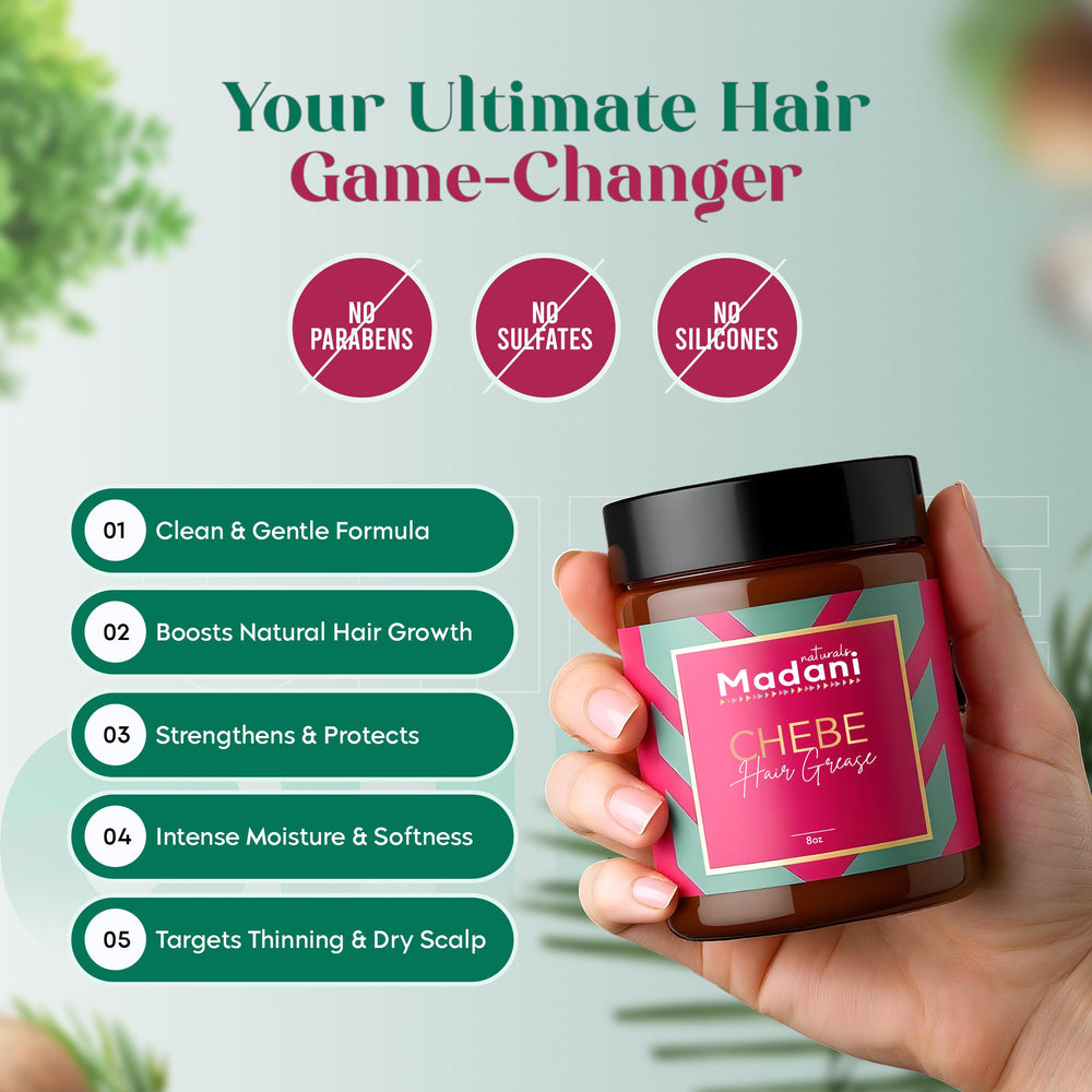 Madani Naturals all hair types care image suggests versatile use.