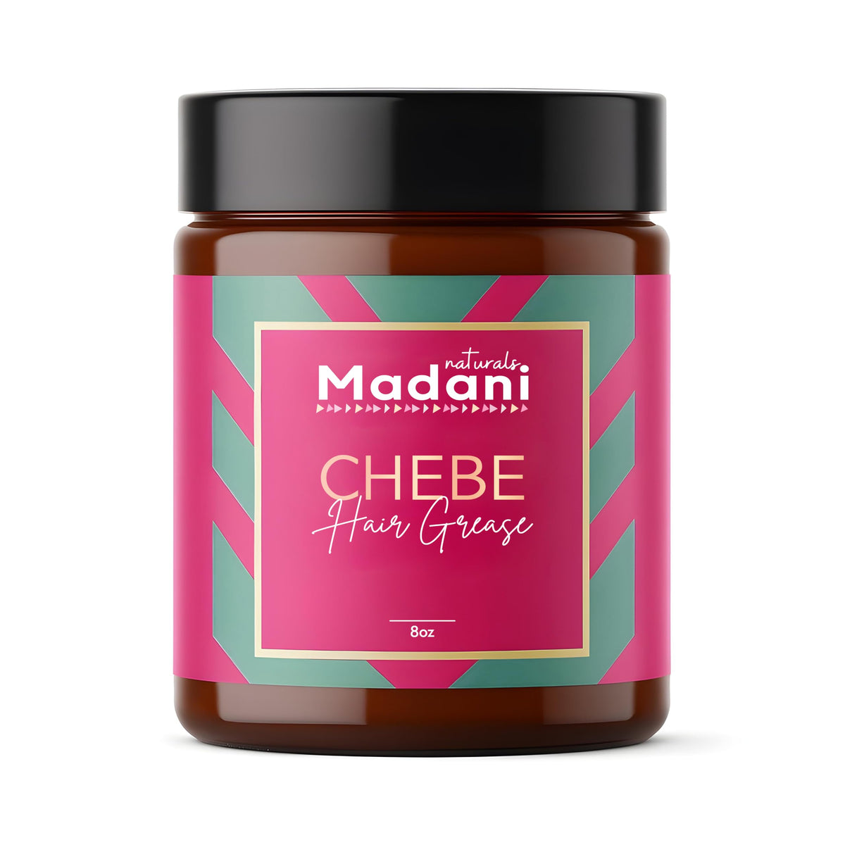 Madani Naturals Chebe Hair Grease bottle close-up shows premium formula for healthy hair.