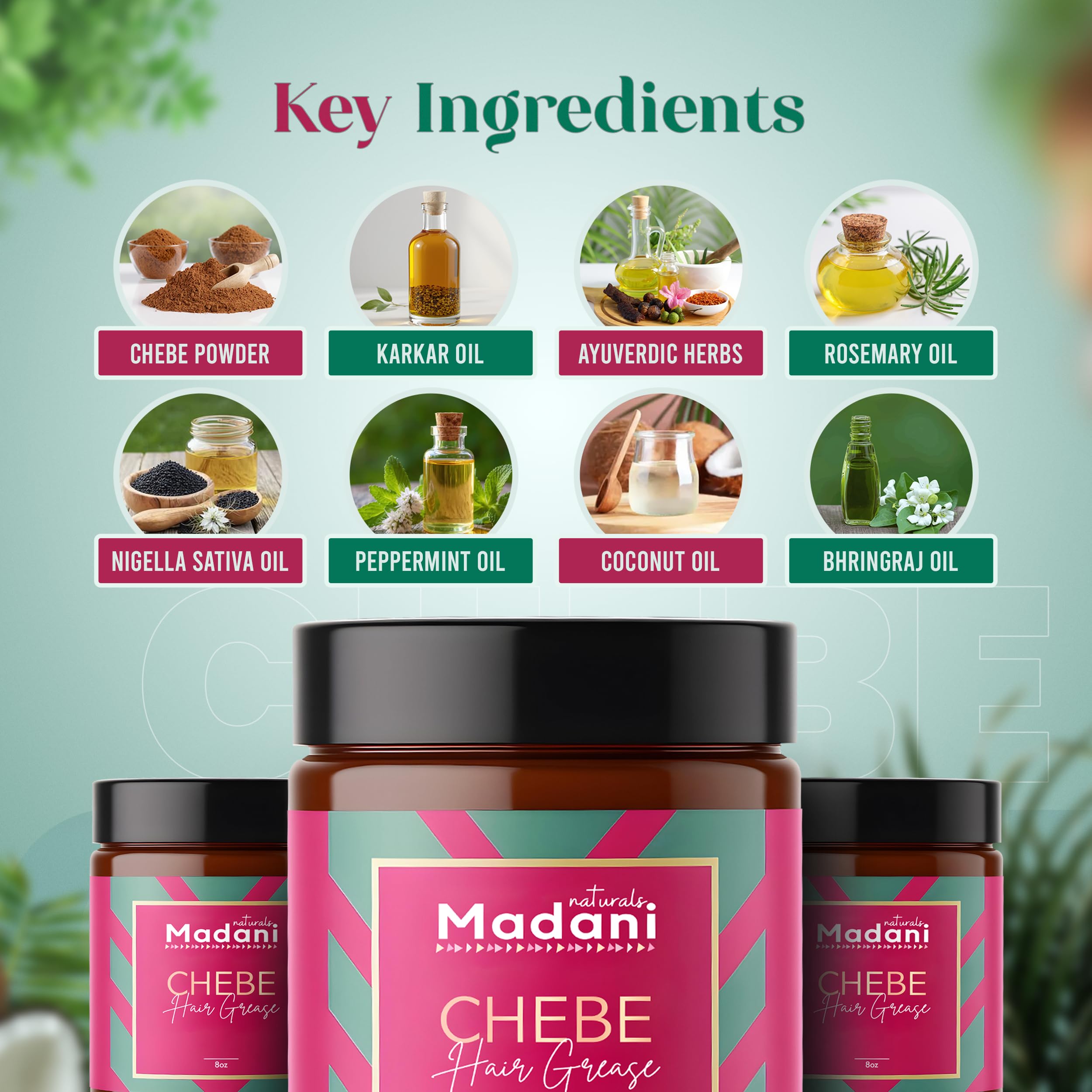 Madani Naturals Chebe powder ingredients highlight natural scalp nourishment.