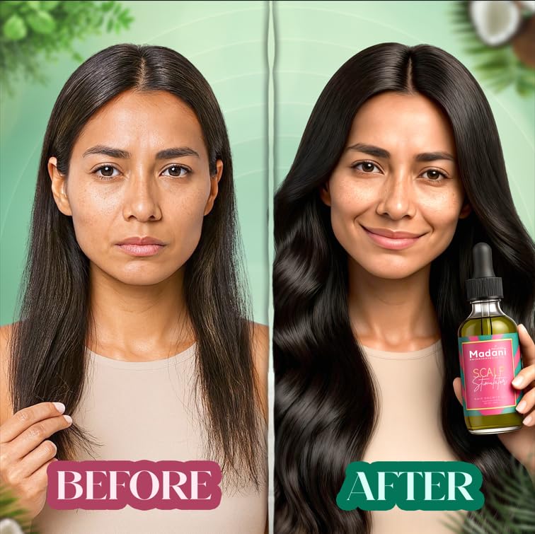 Madani Naturals oil application on scalp, supports hydration and improved hair feel.