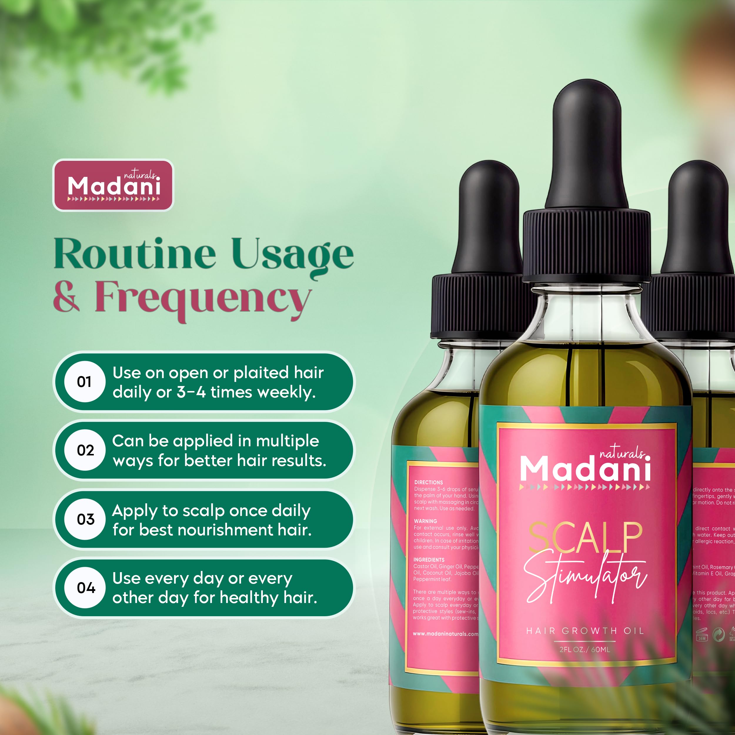 Close-up of Madani Naturals ingredients blend including rosemary and fenugreek.