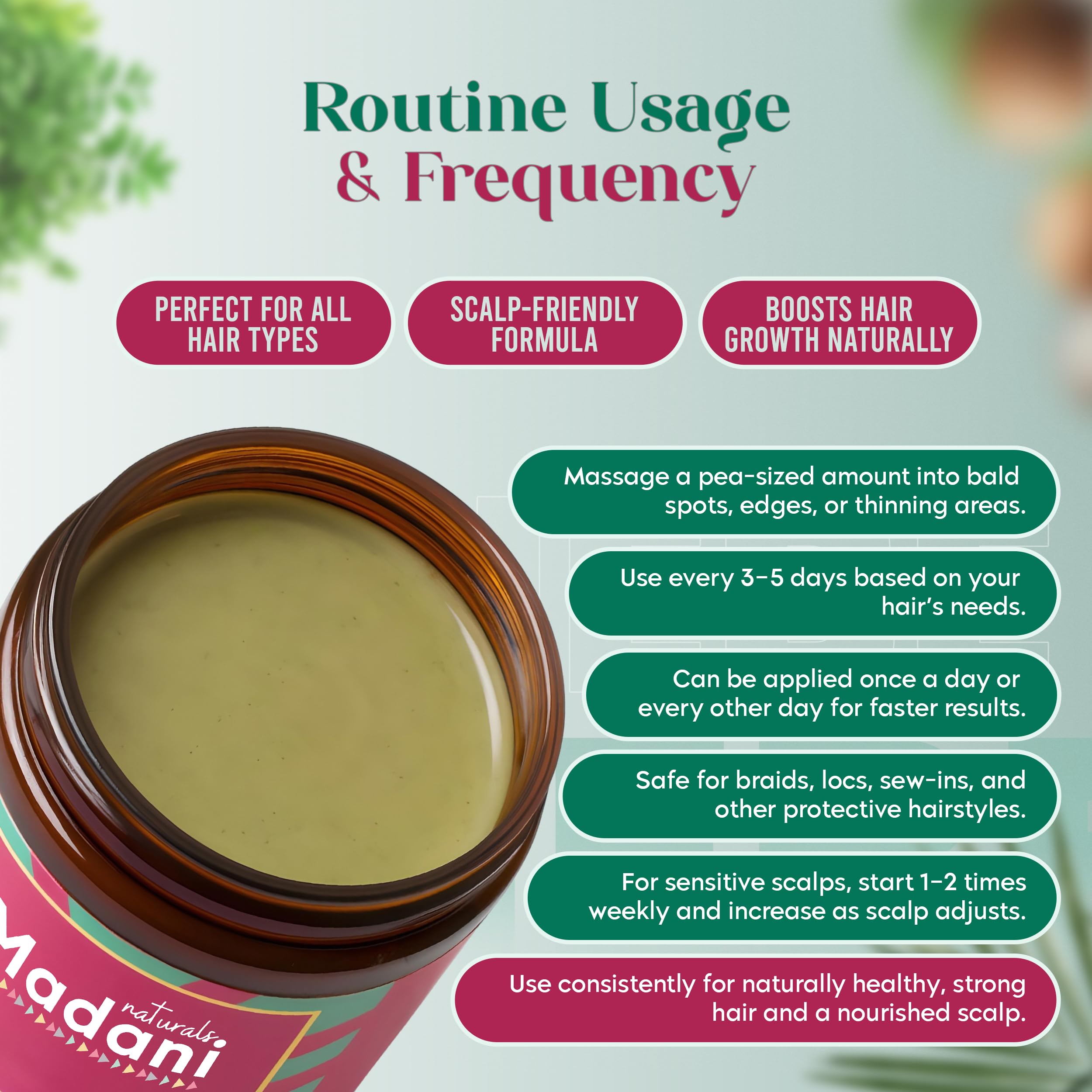 Madani Naturals scalp massage demo conveys soothing self-care and hydration.
