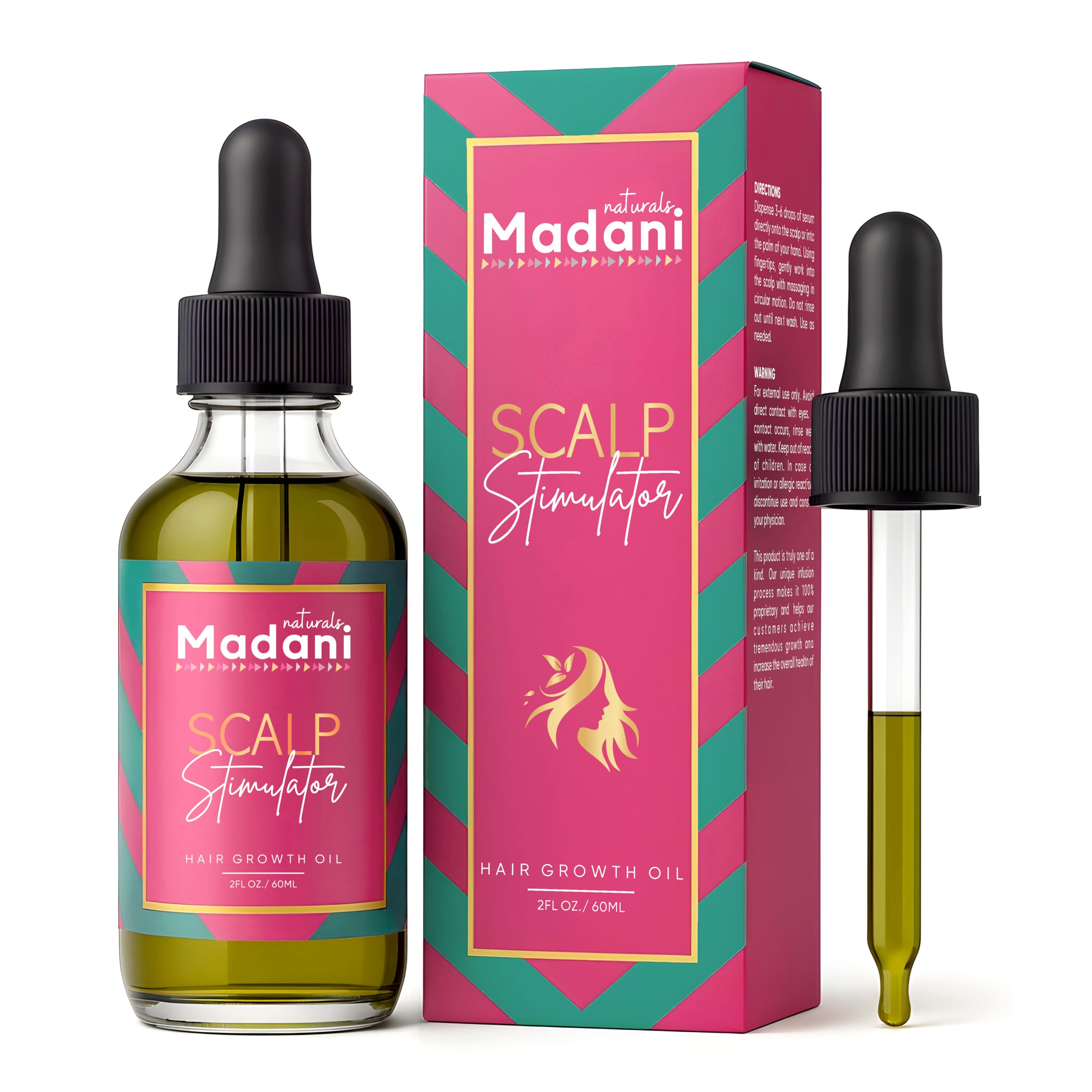 Madani Naturals Scalp Stimulator oil bottle ready for scalp application for renewed hair vitality.
