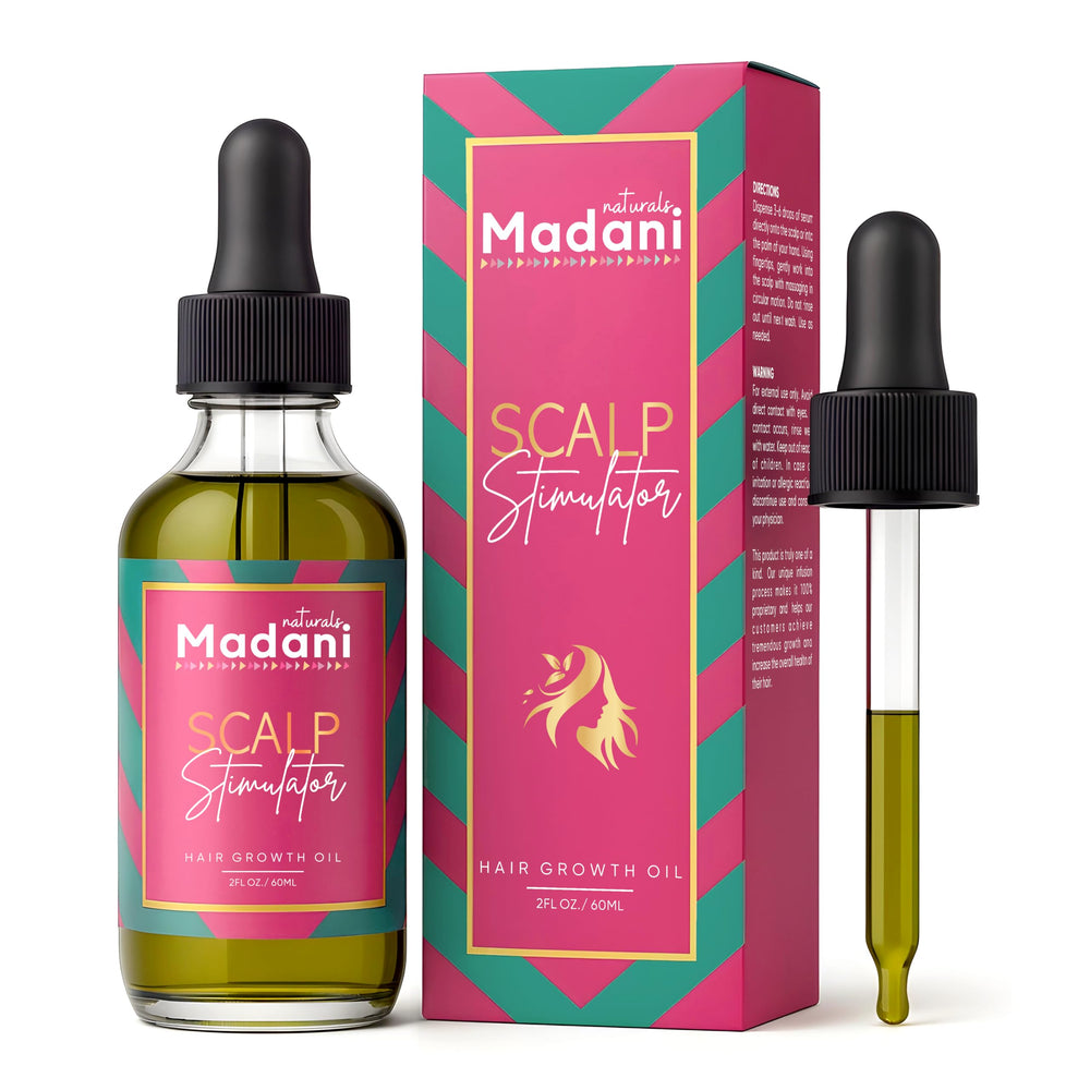 Madani Naturals Scalp Stimulator oil bottle ready for scalp application for renewed hair vitality.