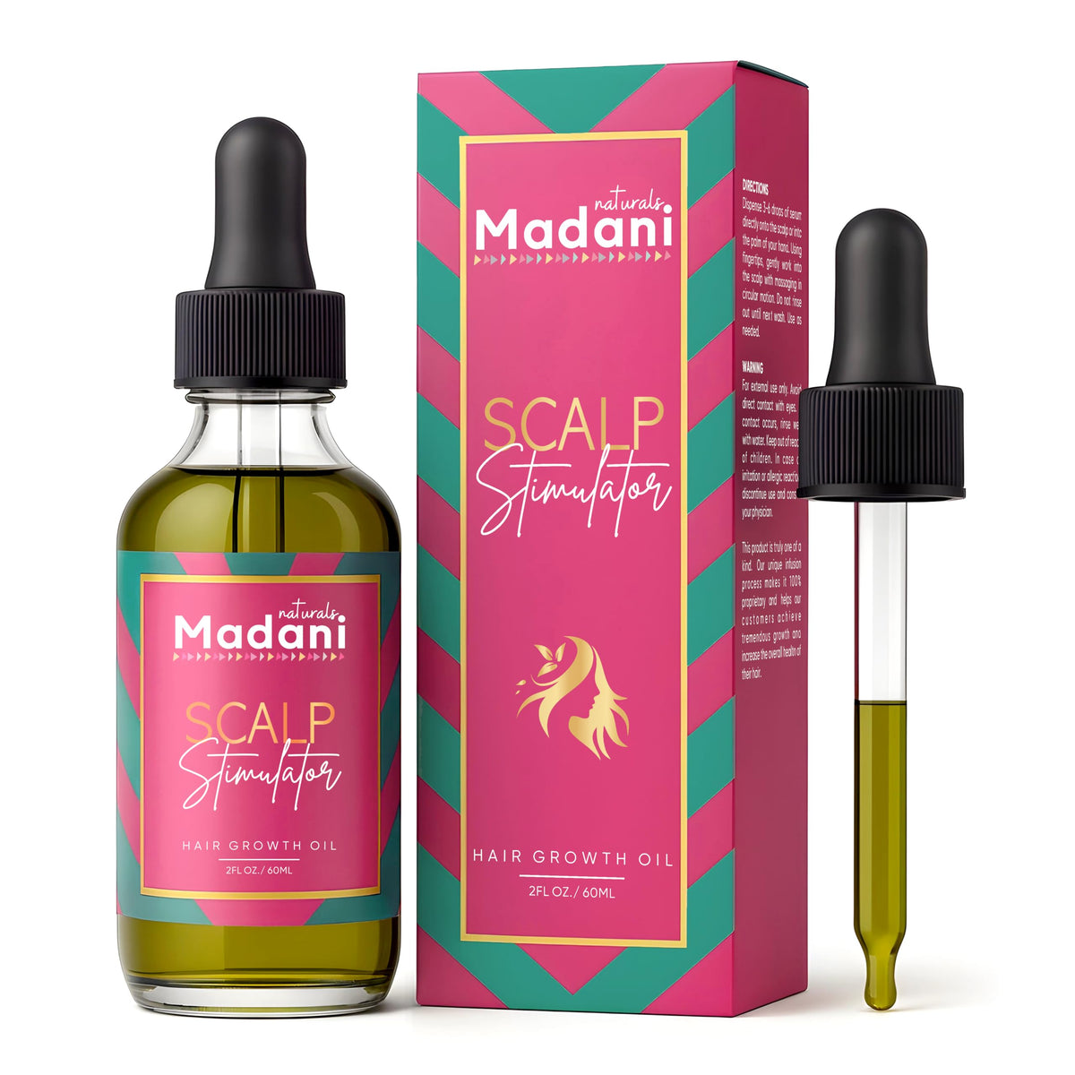 Madani Naturals Scalp Stimulator oil bottle ready for scalp application for renewed hair vitality.