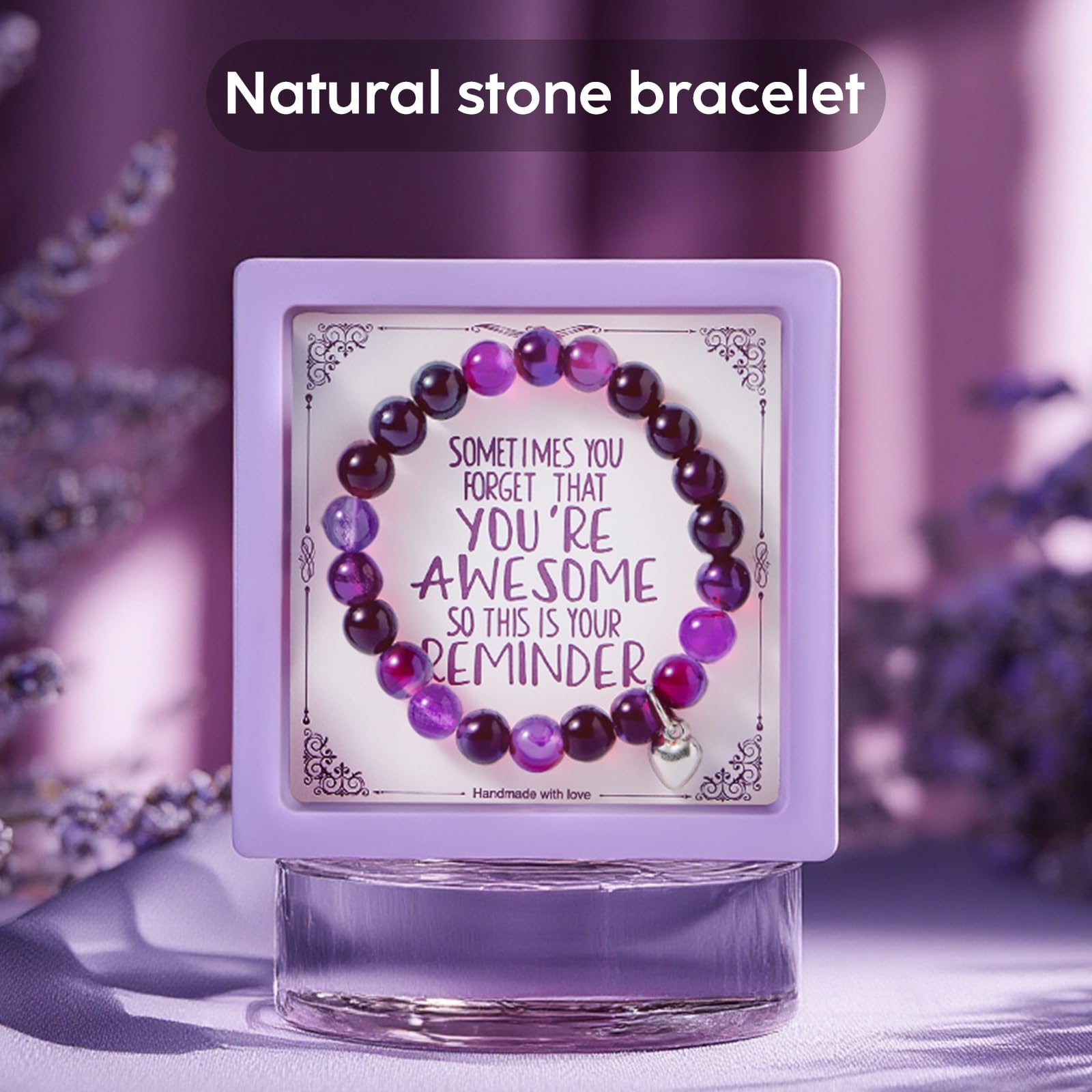 MADDIFY purple natural stone bracelet with heart charm adds thoughtful style.