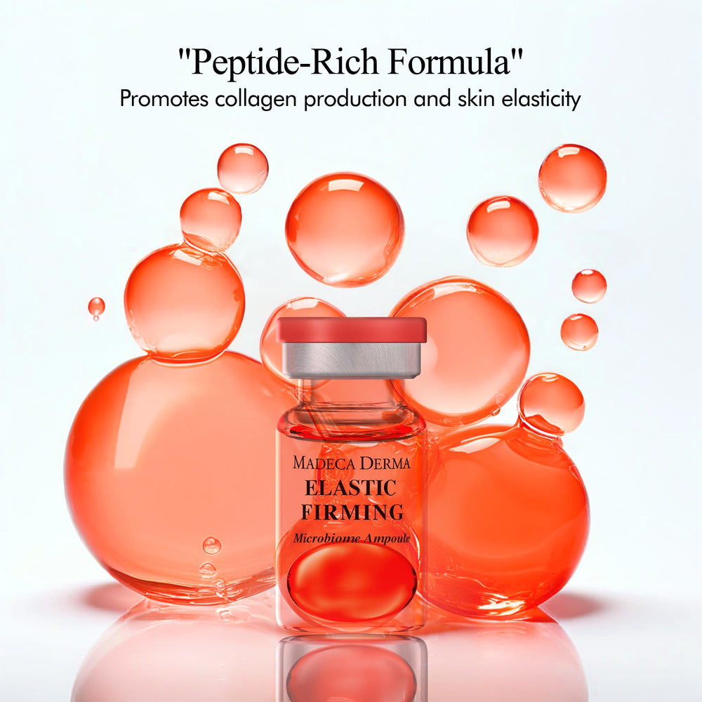Madeca Derma Elastic Firming Ampoule label highlighting 71B CFUs of skin-derived microbiomes.