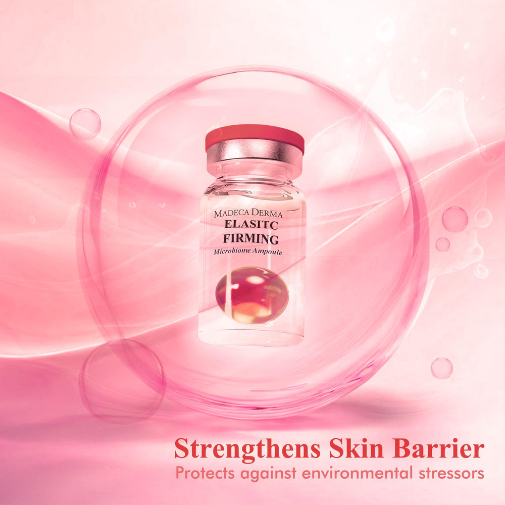 Madeca Derma Elastic Firming Ampoule packaging on vanity shelf.