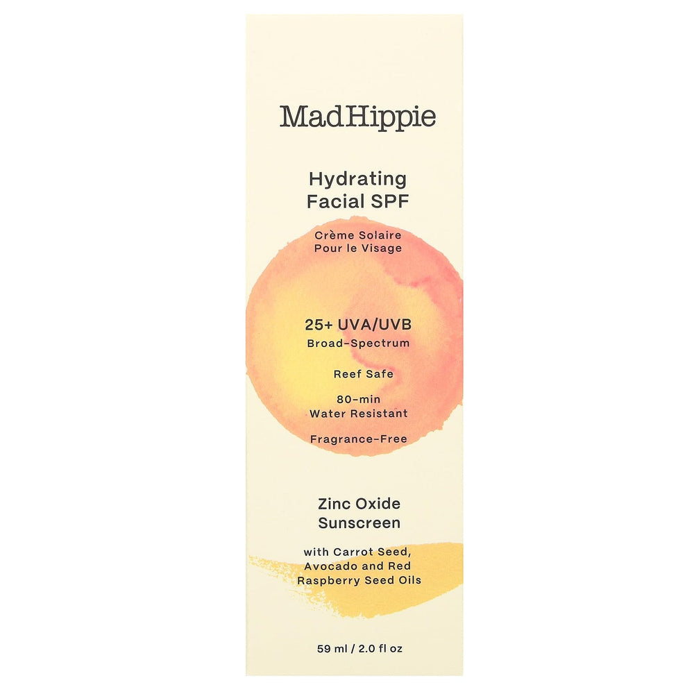 Mad Hippie Hydrating Facial SPF25 cream swirl highlights hydrating, non-greasy sunscreen on skin.