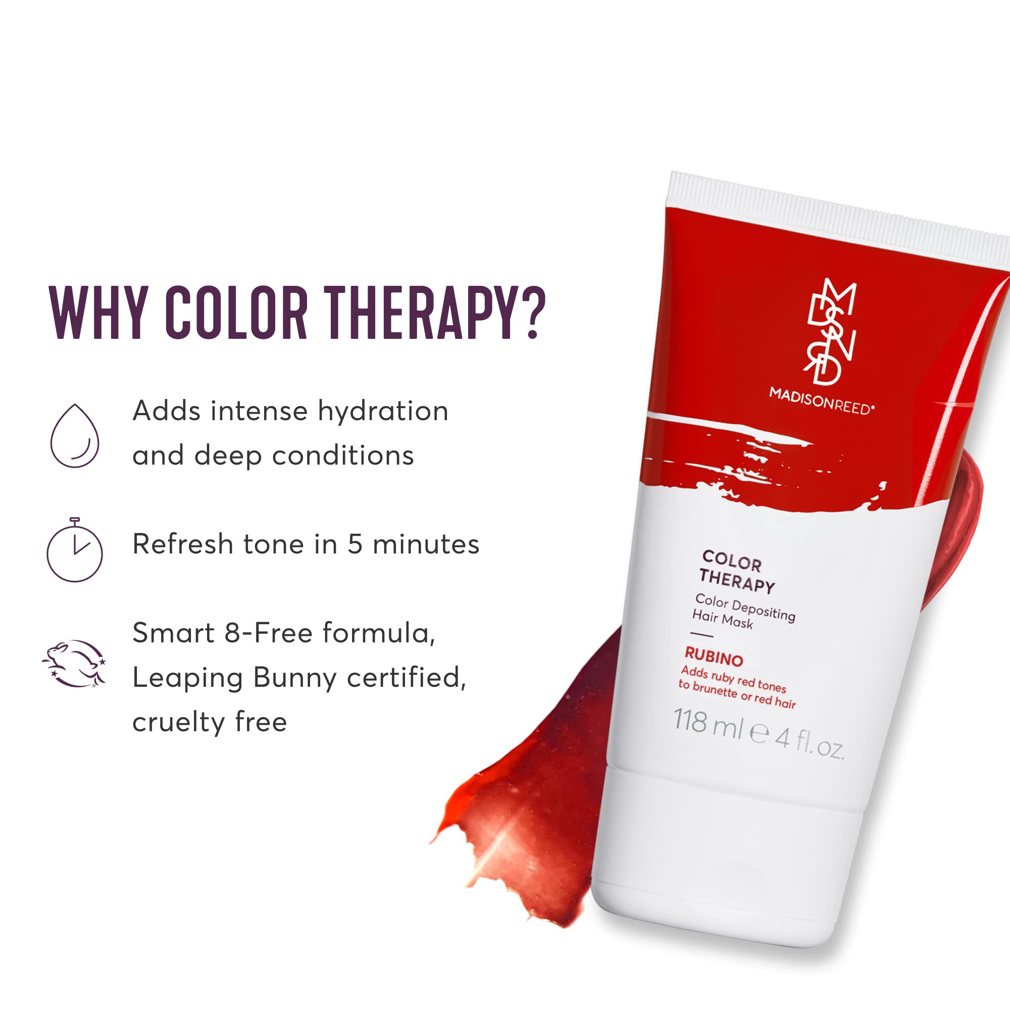 Madison Reed Color Therapy Rubino tube demonstrates a quick five-minute color refresh with deep conditioning.