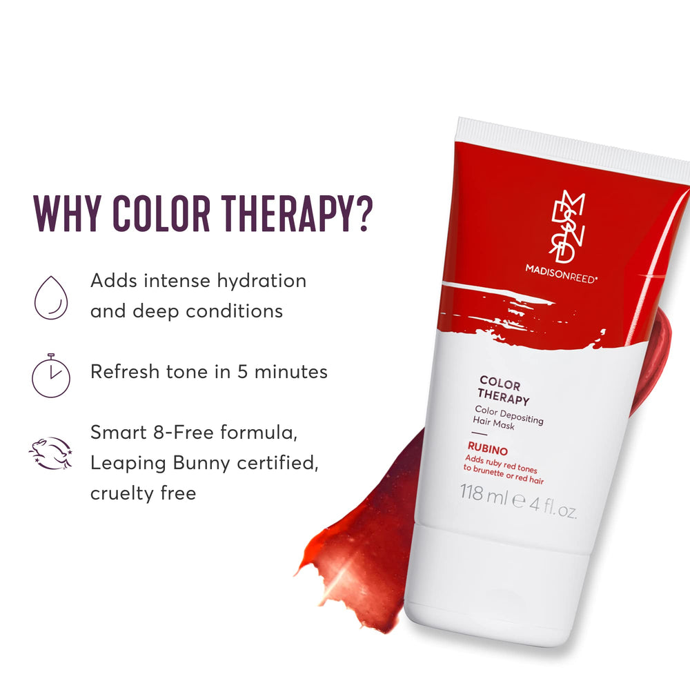 Madison Reed Color Therapy Rubino tube demonstrates a quick five-minute color refresh with deep conditioning.