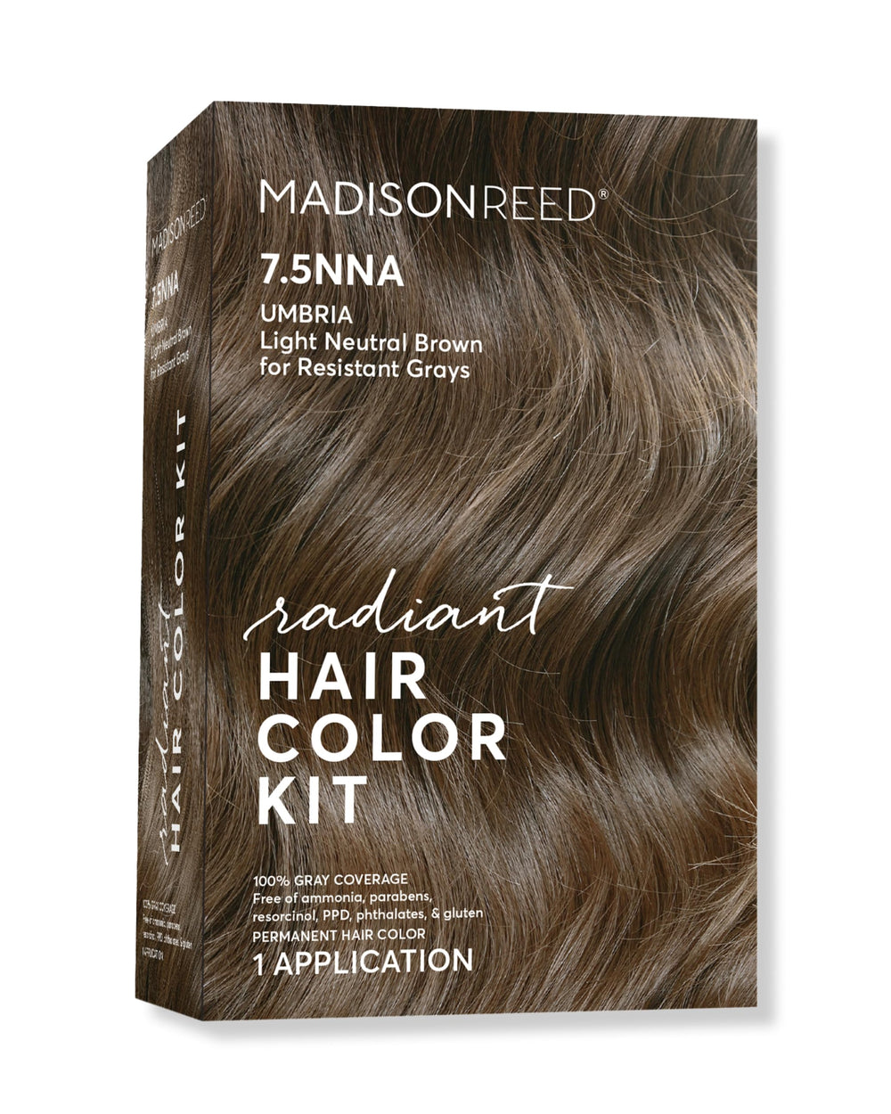 Madison Reed Radiant Color Kit bottle close-up shows rich Umbria Brown gray coverage.
