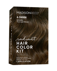 Madison Reed Radiant Color Kit box front shows Novara Light Brown shade for natural-looking color.