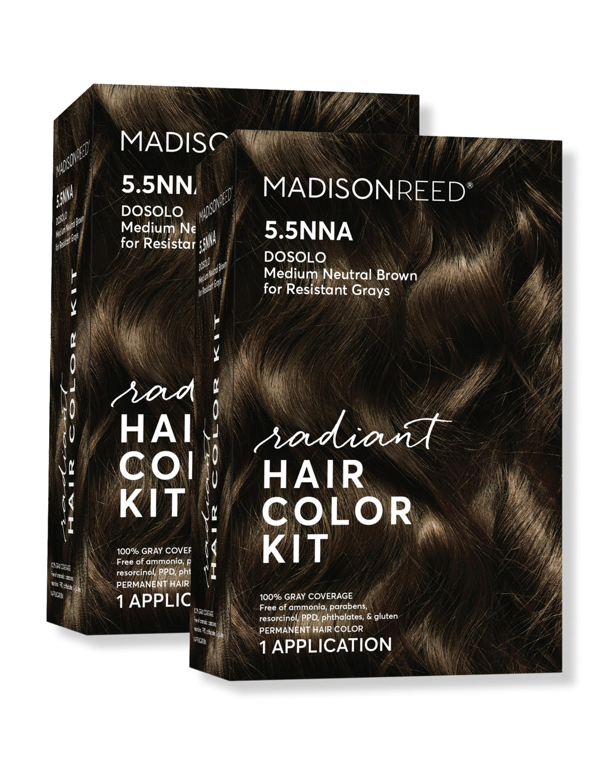 Madison Reed Radiant Color kit dosolo box shows color essentials for natural, long-lasting gray coverage.