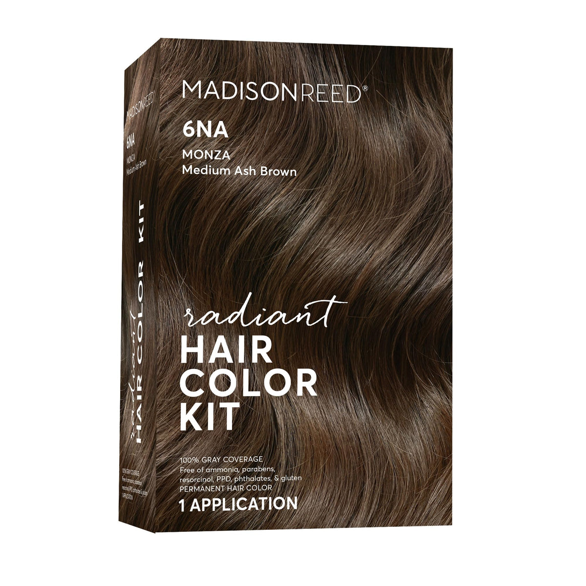 Madison Reed Radiant Hair Color Kit 6NA Monza Brown shade swatches for gray coverage