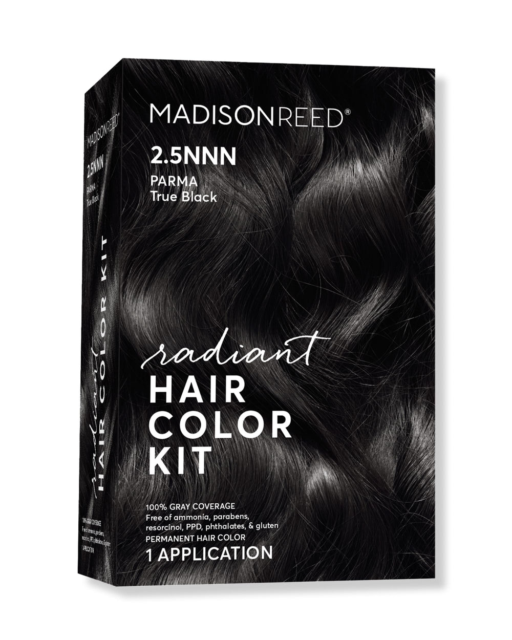 Madison Reed Radiant Hair Color Kit Soft Black box shows complete at-home color kit for gray coverage