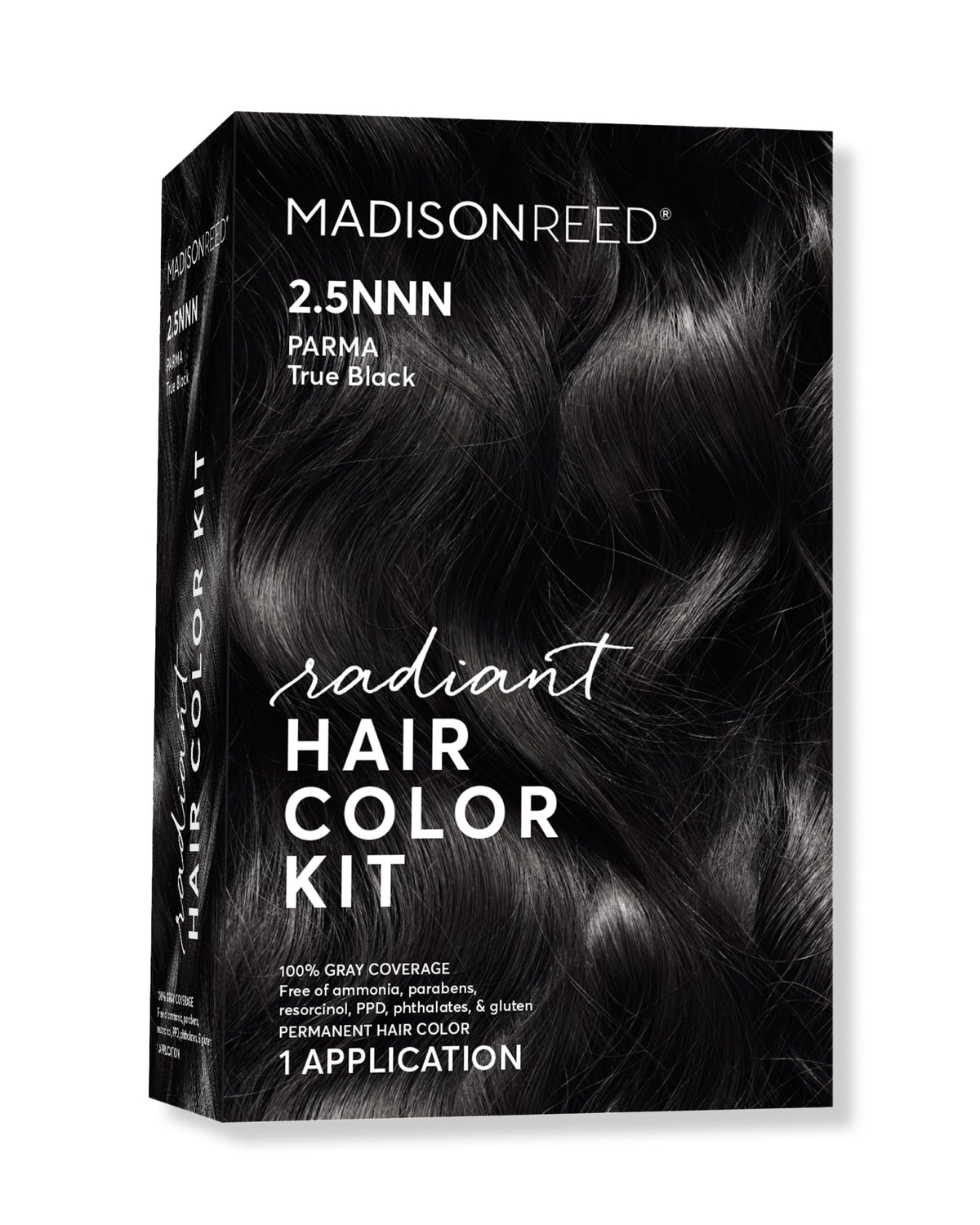Madison Reed Radiant Hair Color Kit Soft Black box shows complete at-home color kit for gray coverage