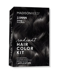 Madison Reed Radiant Hair Color Kit Soft Black box shows complete at-home color kit for gray coverage