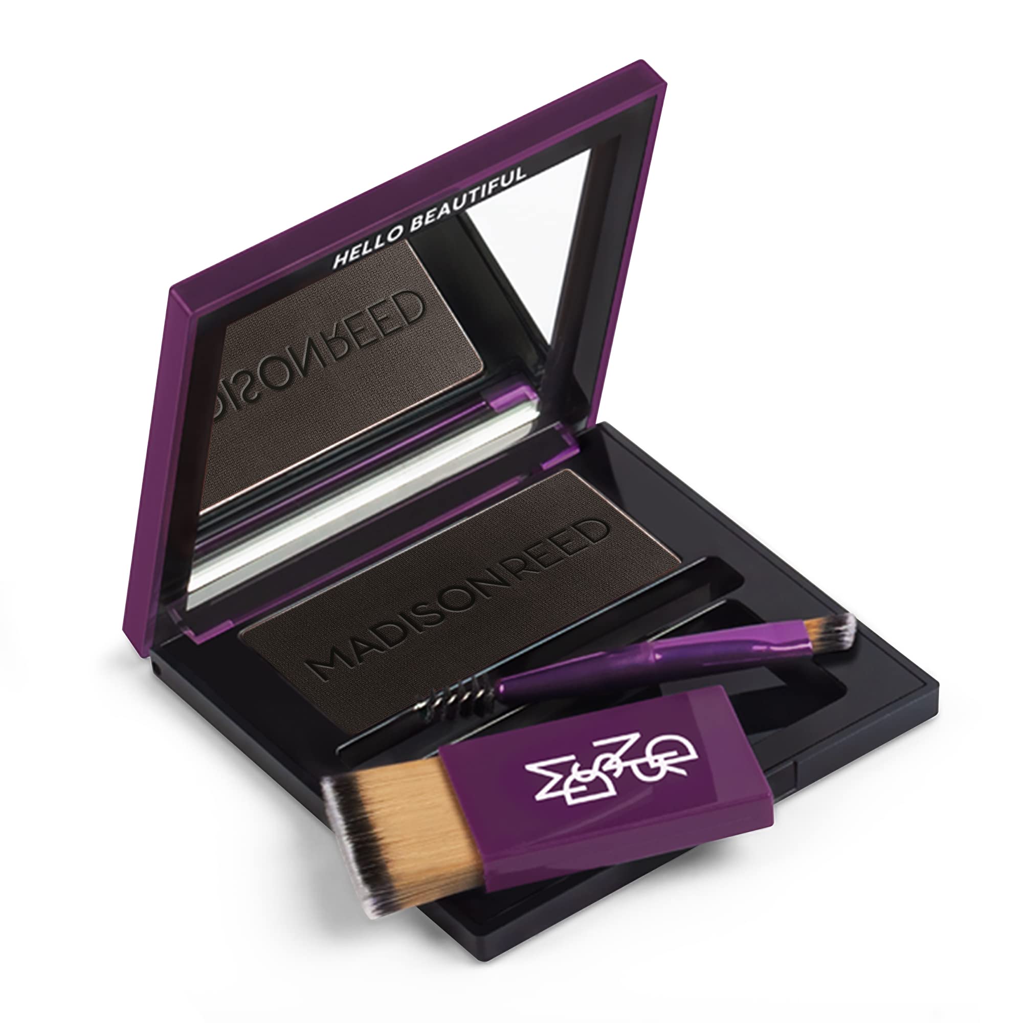 Madison Reed Root Touch Up + Brow Filler Legno Black compact open shows dual brushes for precise coverage.