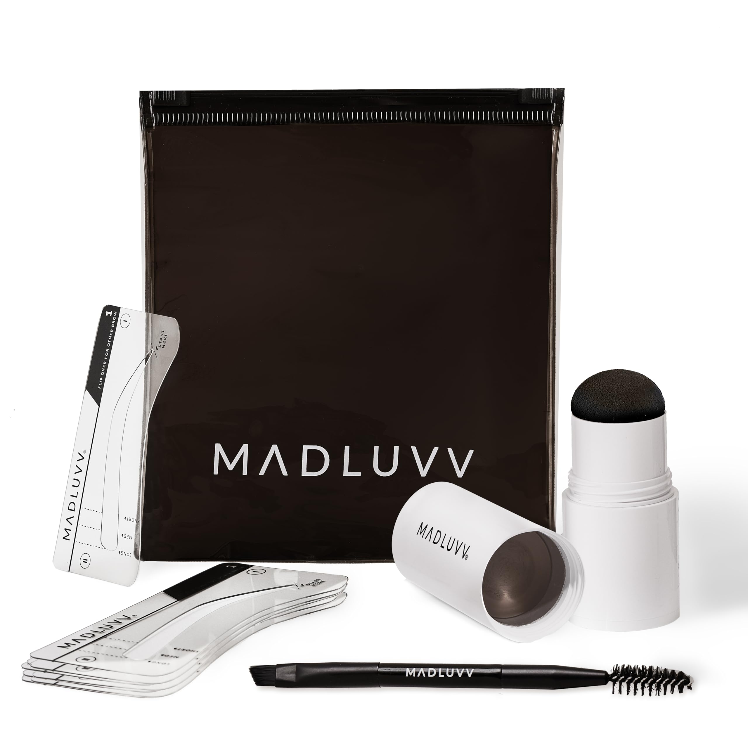 MADLUVV brow stamp kit setup demonstrates quick, mess-free brow shaping for busy mornings.