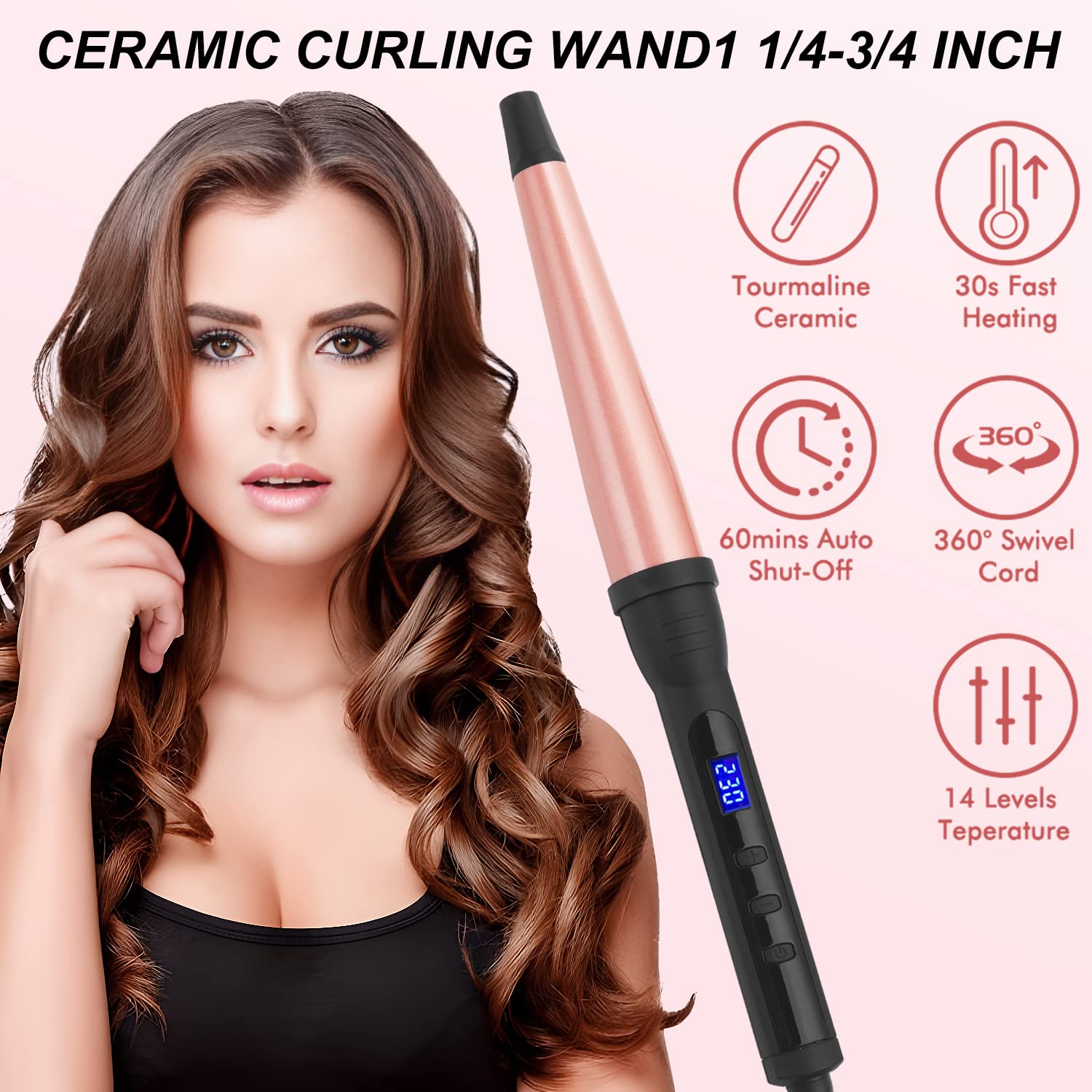 MADURIAO curling wand temperature settings allow 14 heat levels from 100°C to 230°C.